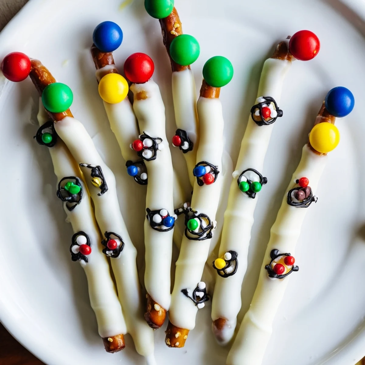 Vibrant No-Bake Pretzel Sticks Christmas Lights: cheerful, easy holiday snack with chocolate and sprinkles.
