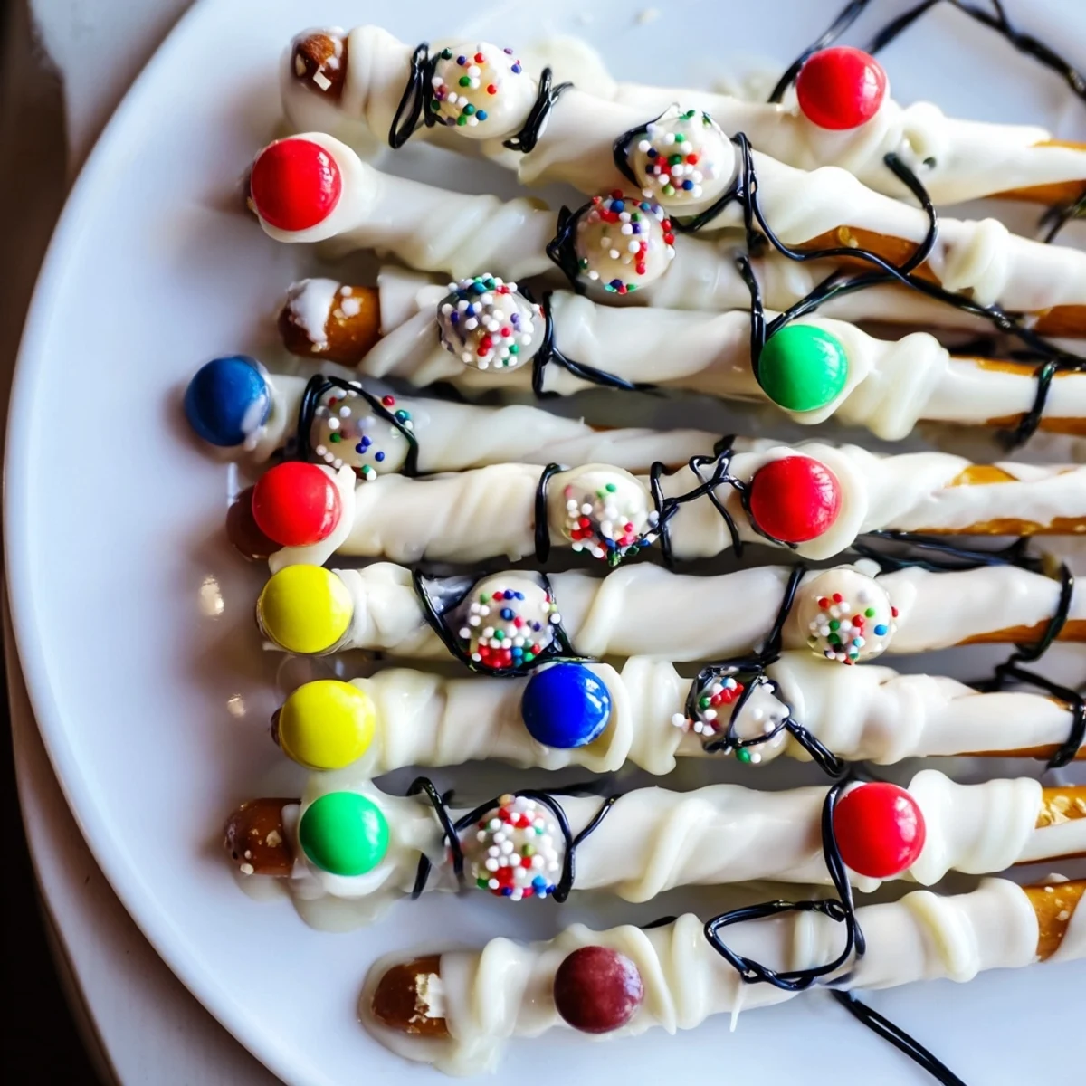 Festive No-Bake Pretzel Sticks Christmas Lights: sweet pretzel sticks dipped in colorful candy bulbs.
