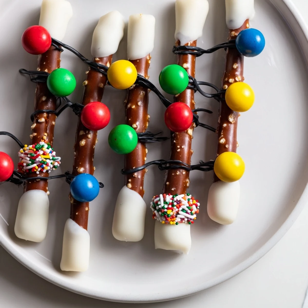 Colorful No-Bake Pretzel Sticks Christmas Lights with drizzled chocolate wires, ready for holiday feasts.