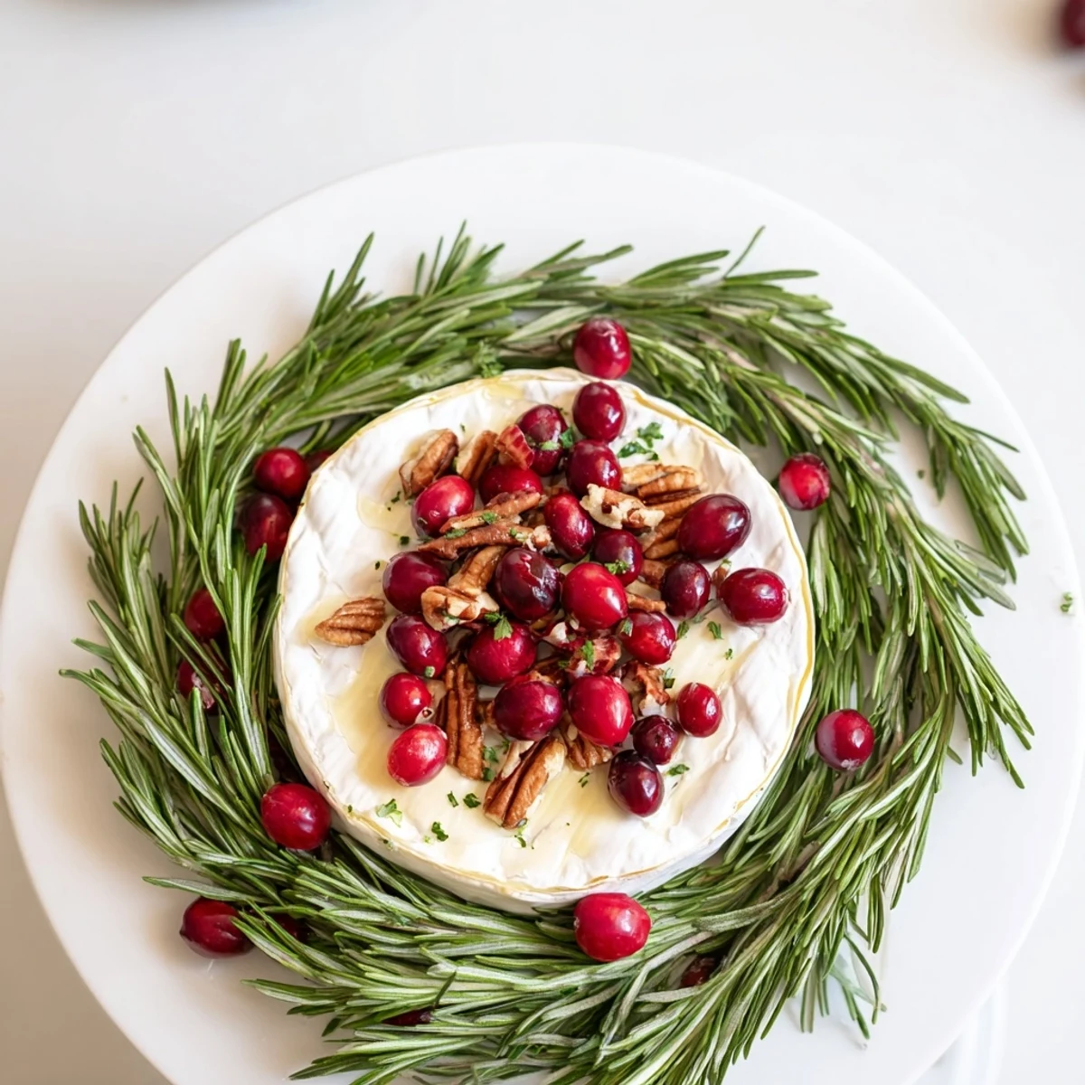 A festive, inviting image of a Brie cheese wheel with a rosemary garnish, perfect for any party.