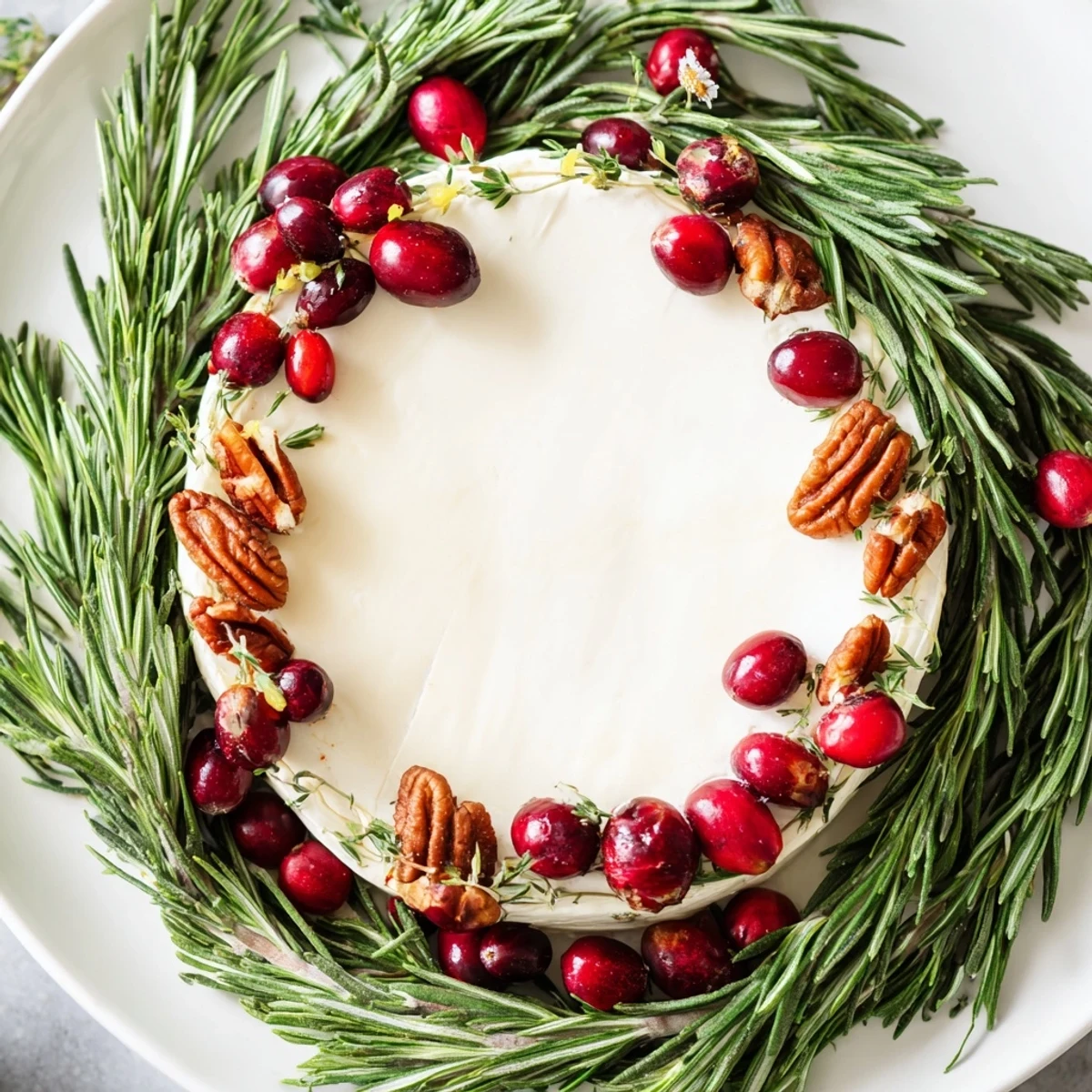 Creamy brie cheese wheel, beautifully adorned with a rosemary wreath, ready to be served.