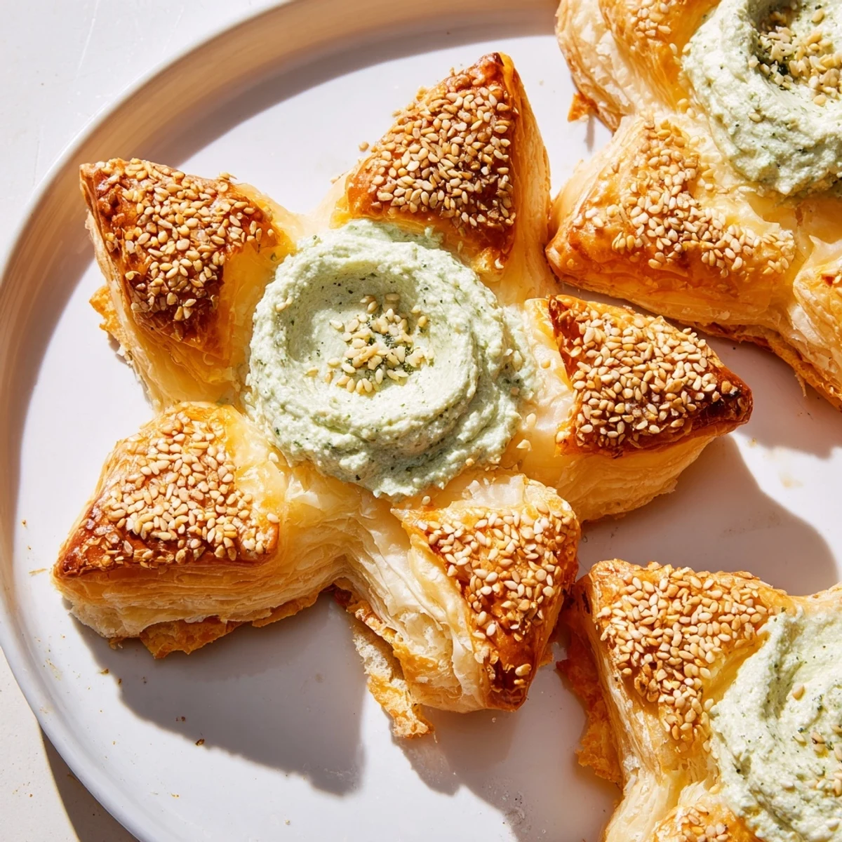 Golden, star-shaped pesto dip with flaky pastry edges; a beautiful and savory appetizer.