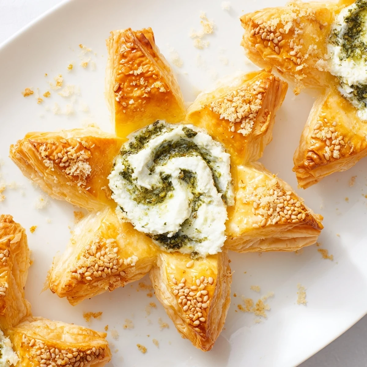 Festive star-shaped pesto dip, creamy and green, ready to be scooped up with crunchy pastry.