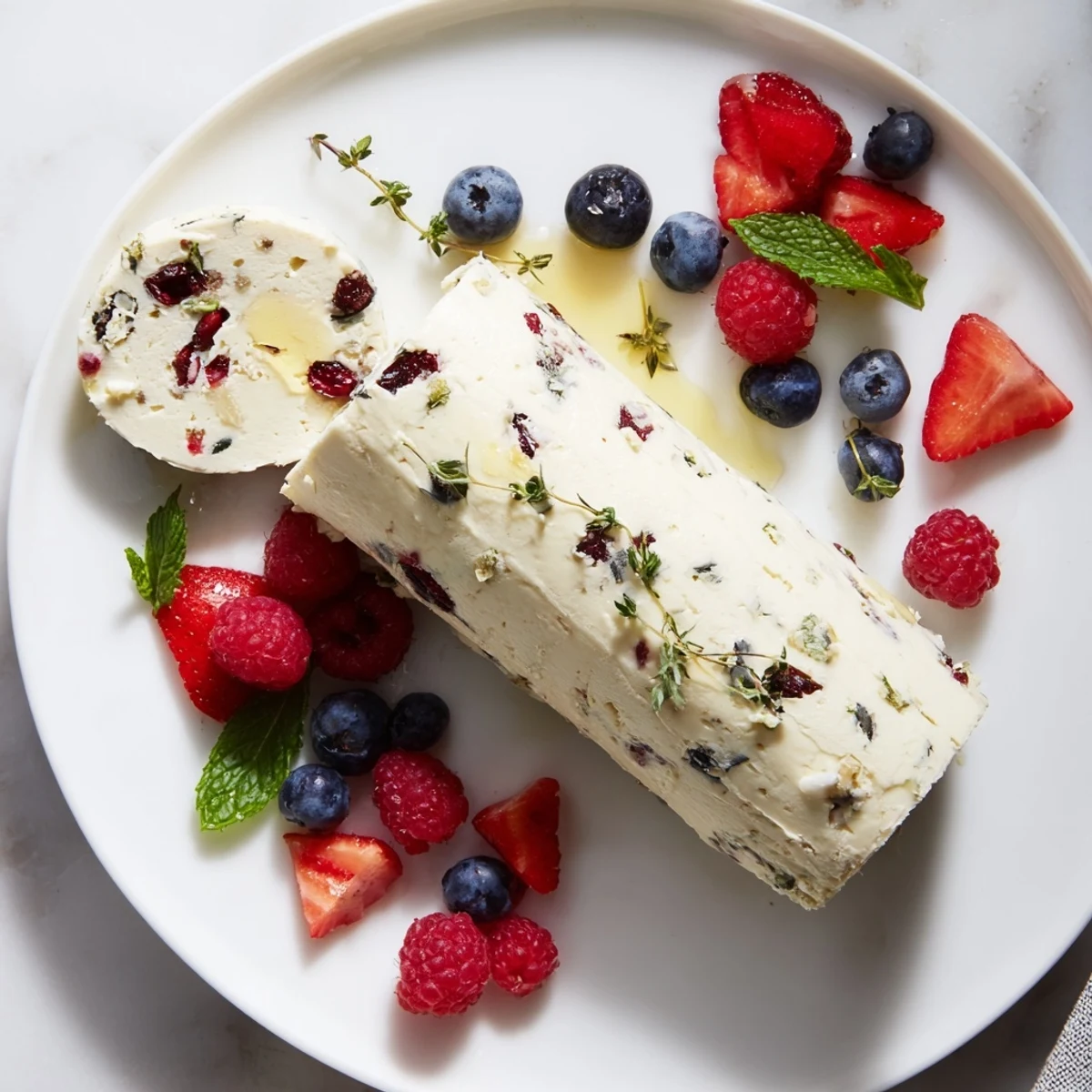 A close-up shot of the festive cranberry and goat cheese log appetizer, perfect for a party.