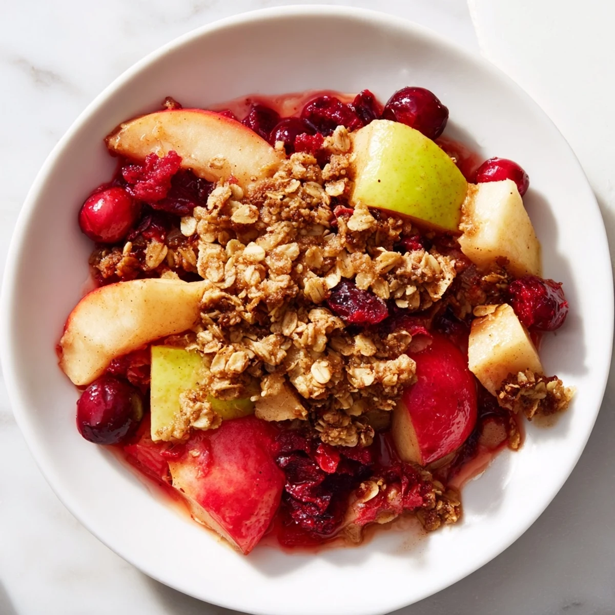 Golden, bubbly Cranberry Apple Crisp with a crisp oat topping, ready for serving warm.