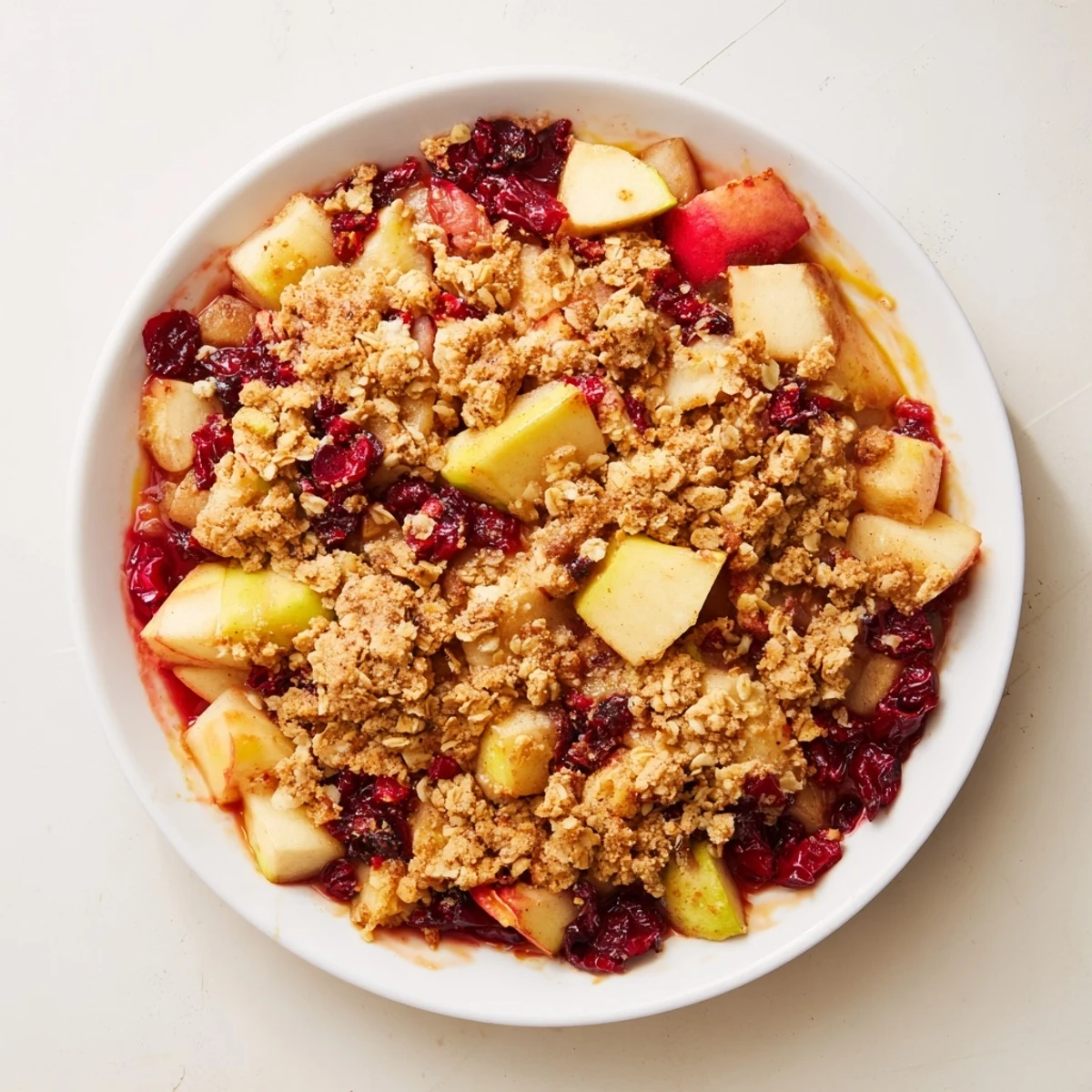 A close-up of a Cranberry Apple Crisp with a generous oat crumble, perfect dessert.