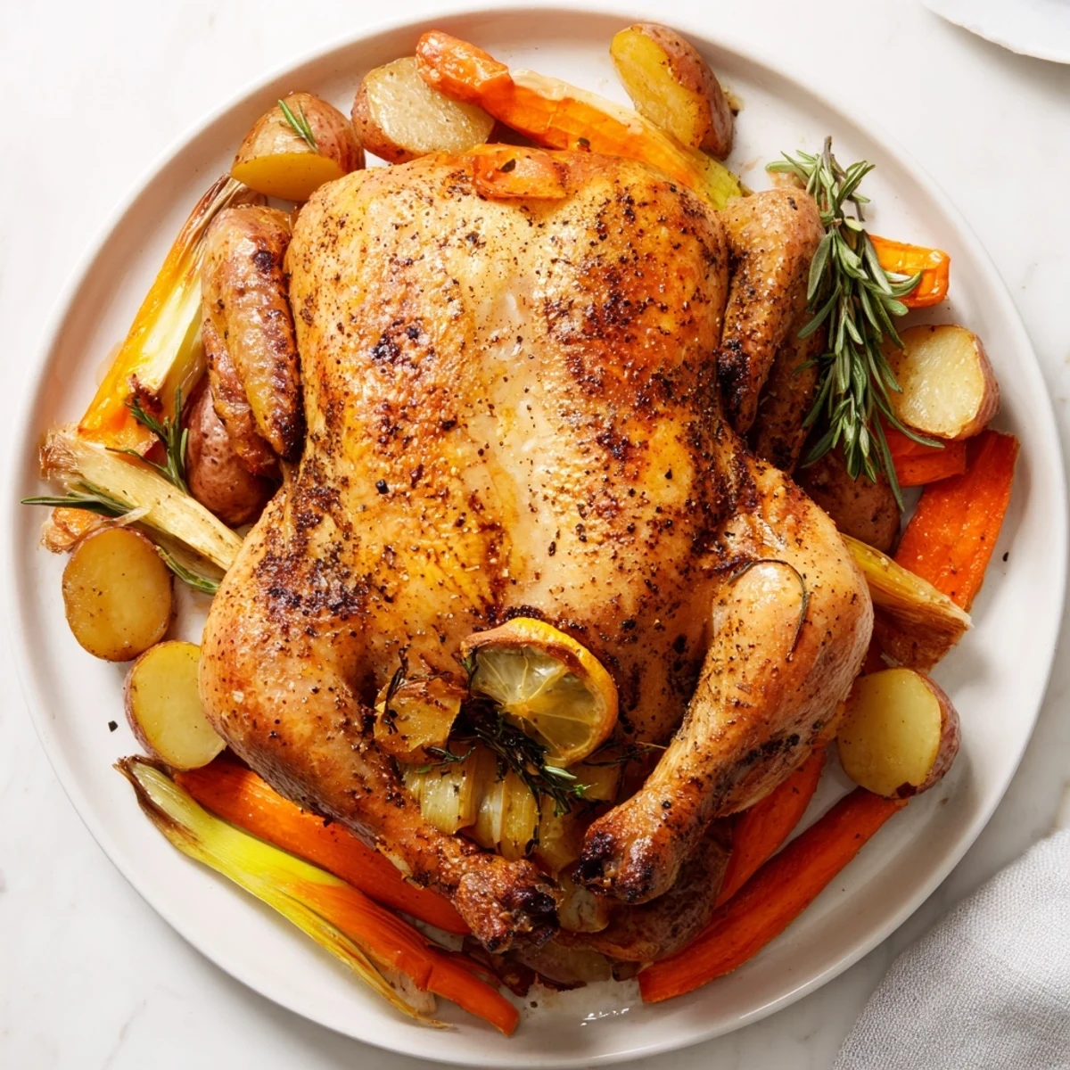 Golden-brown Roasted Chicken with Lemon and Rosemary, smelling of herbs, ready to serve for dinner.