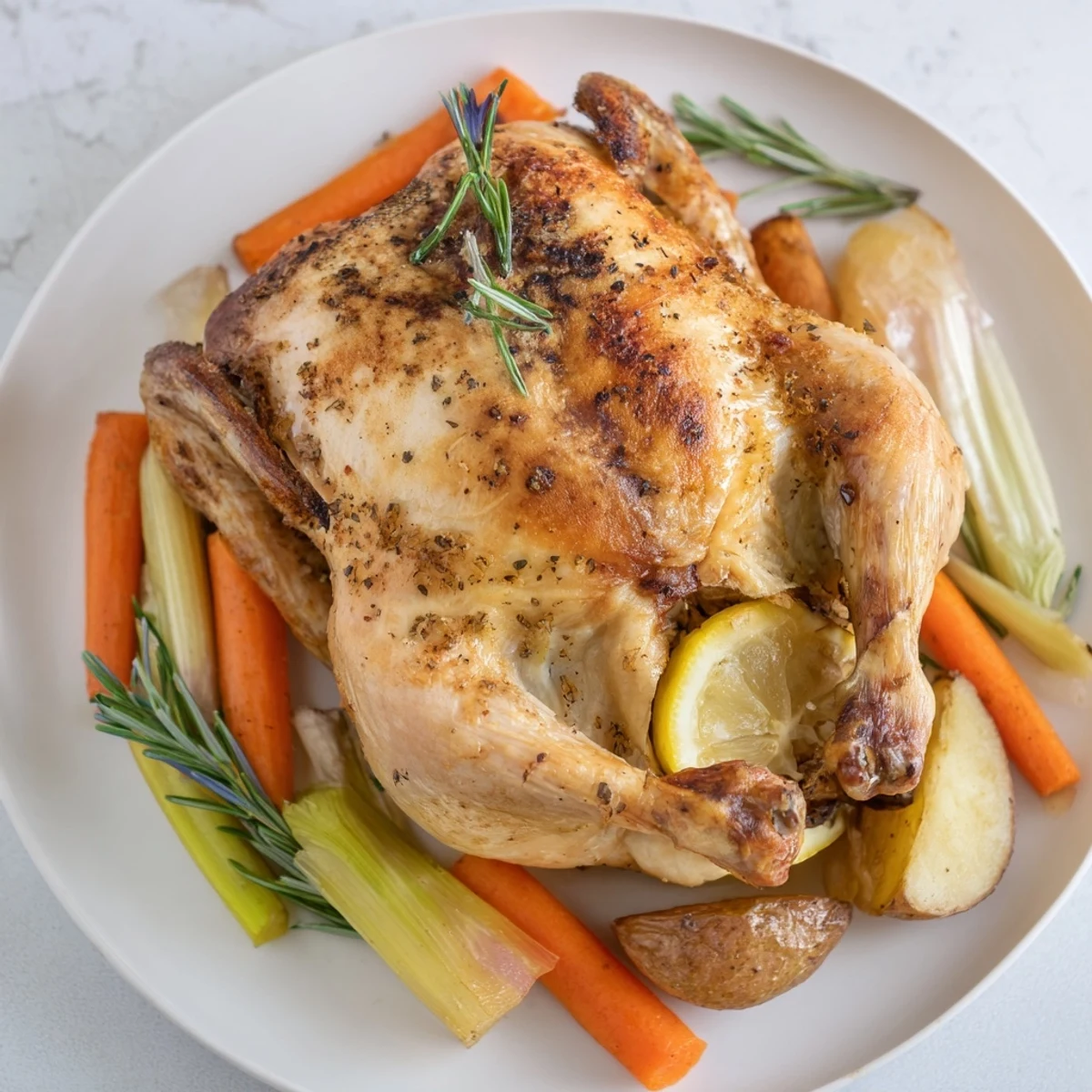 Juicy Roasted Chicken with Lemon and Rosemary sits on a platter, surrounded by roasted vegetables.