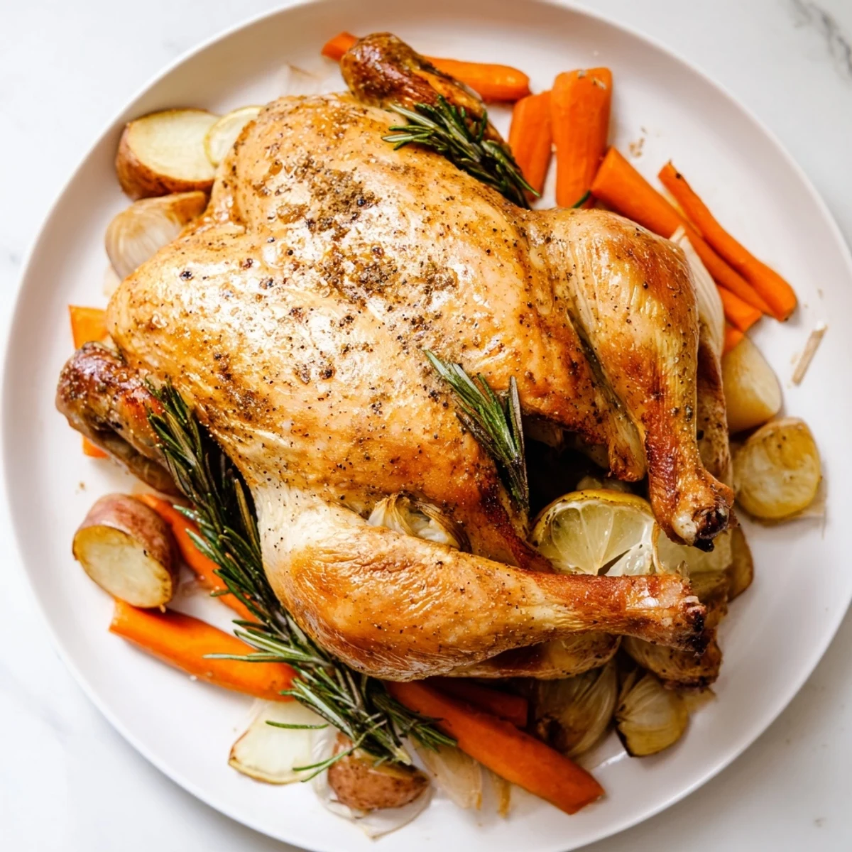 Crispy-skinned Roasted Chicken with Lemon and Rosemary, the ultimate comfort food for any gathering.