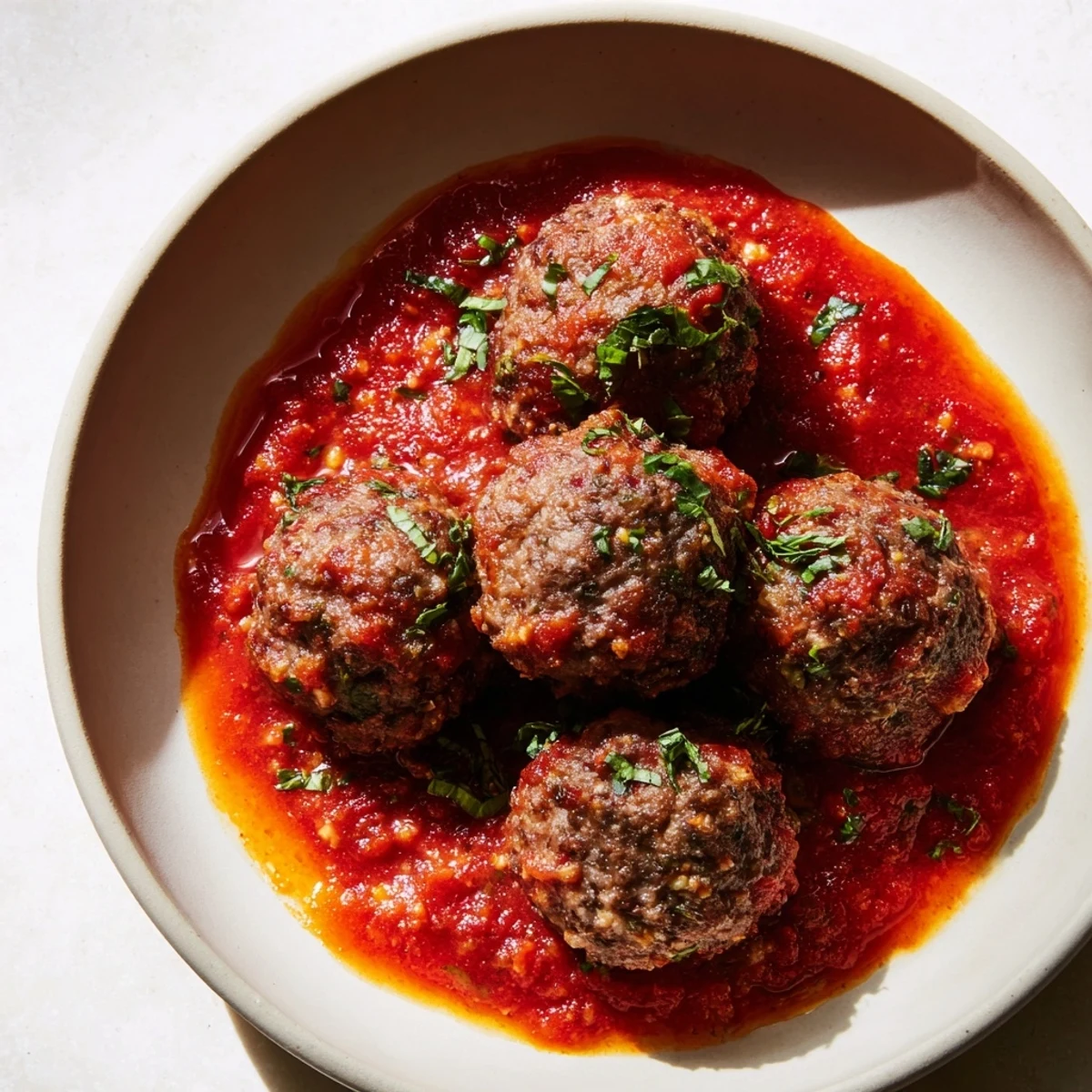 Golden-brown Beef Meatballs in Marinara Sauce offering a savory, home-cooked Italian dinner.