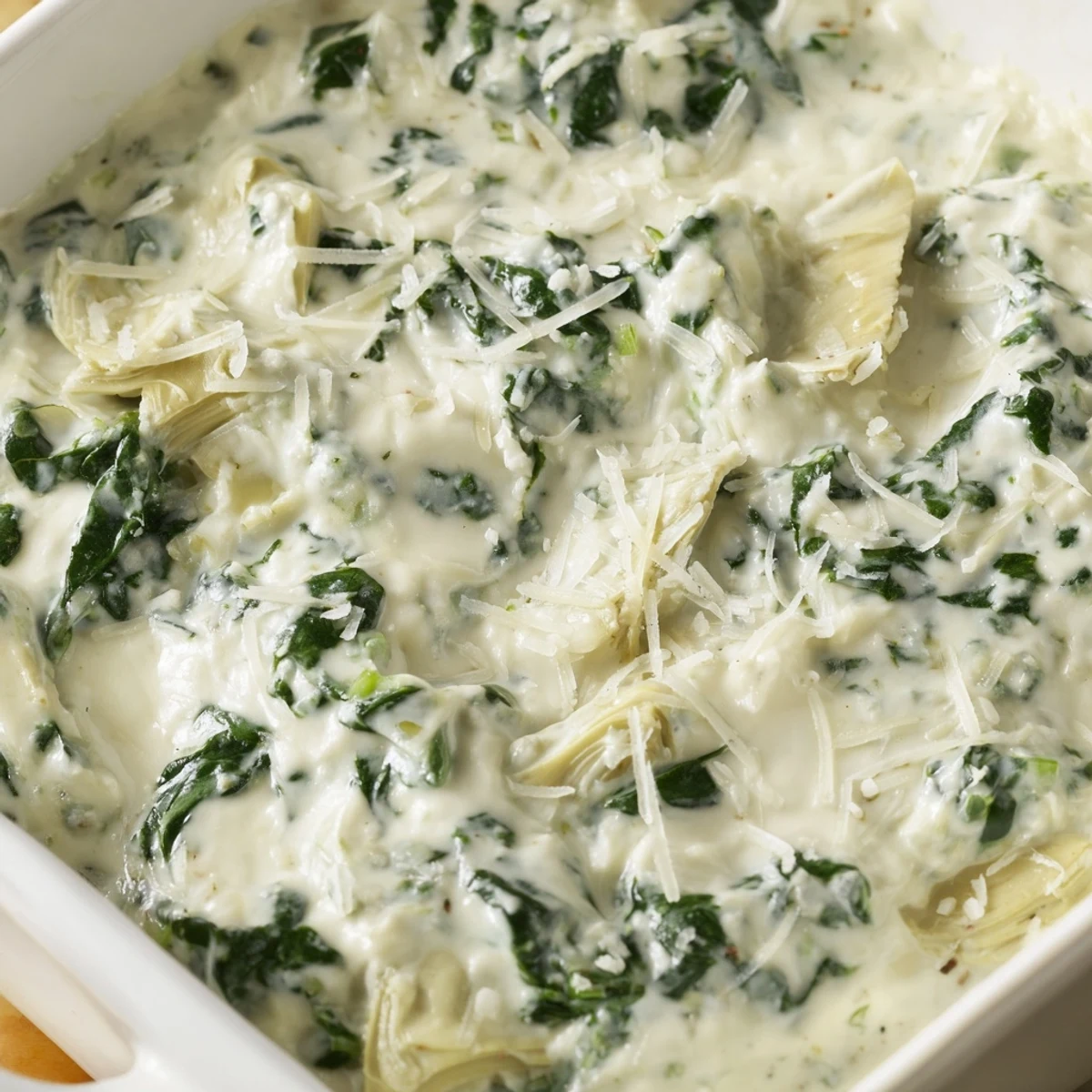 A bubbly, golden brown Creamy Spinach and Artichoke Dip, perfect for dipping tortilla chips.