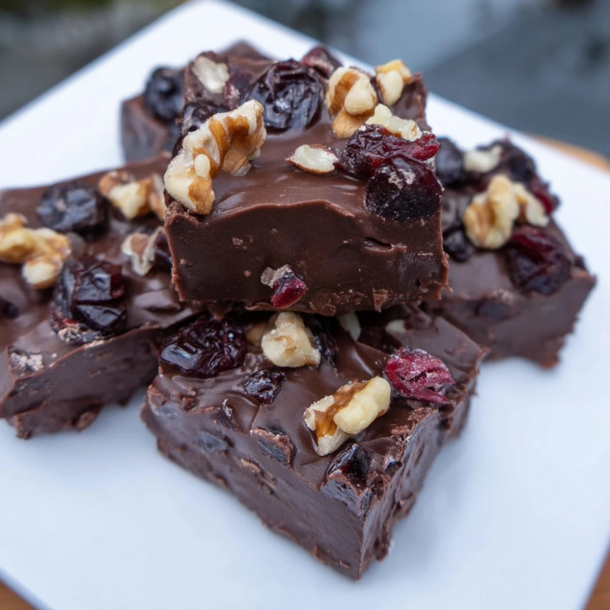Velvety smooth chocolate cherry fudge, studded with dried cherries, ready to cut and serve.