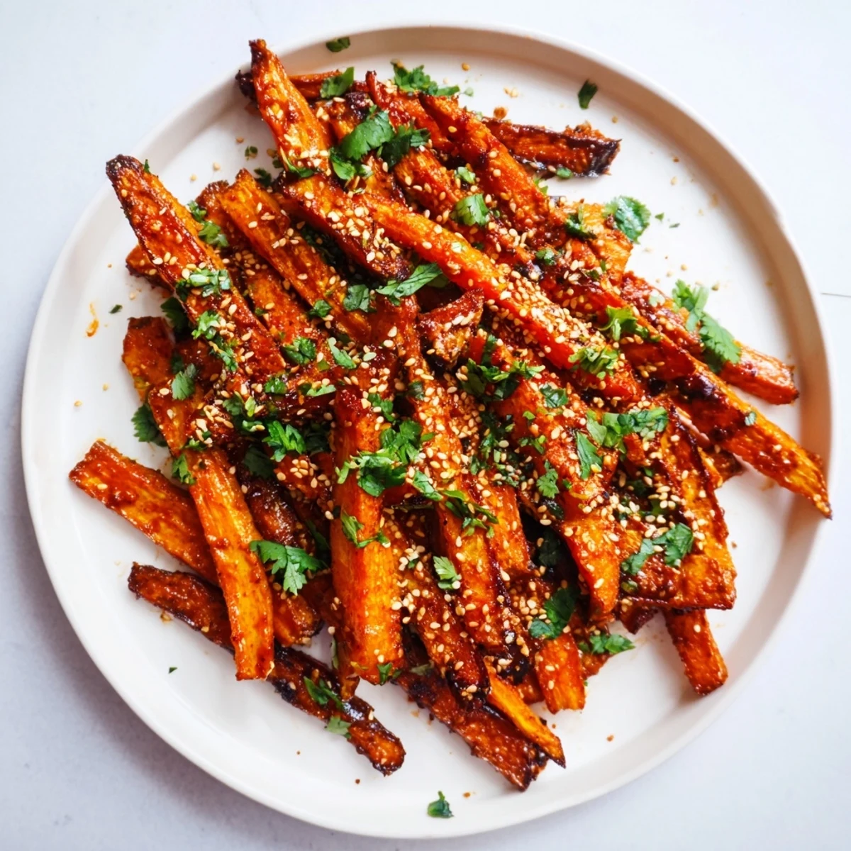 Vibrant Spicy Harissa Roasted Carrots, caramelized and glistening, garnished with fresh cilantro, ready to serve.