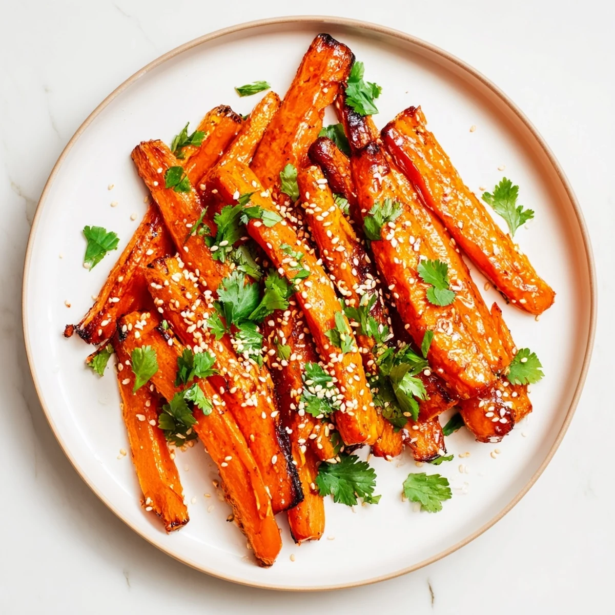 Golden-roasted Spicy Harissa Carrots, an easy side dish, offering a taste of North African spices with lemon wedges.