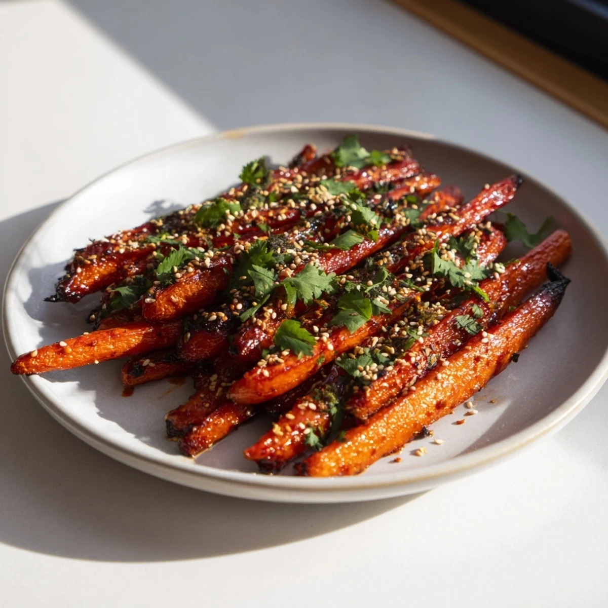 Tender, flavorful Spicy Harissa Roasted Carrots, a beautiful side, tossed with herbs and sesame seeds for a rich flavor.