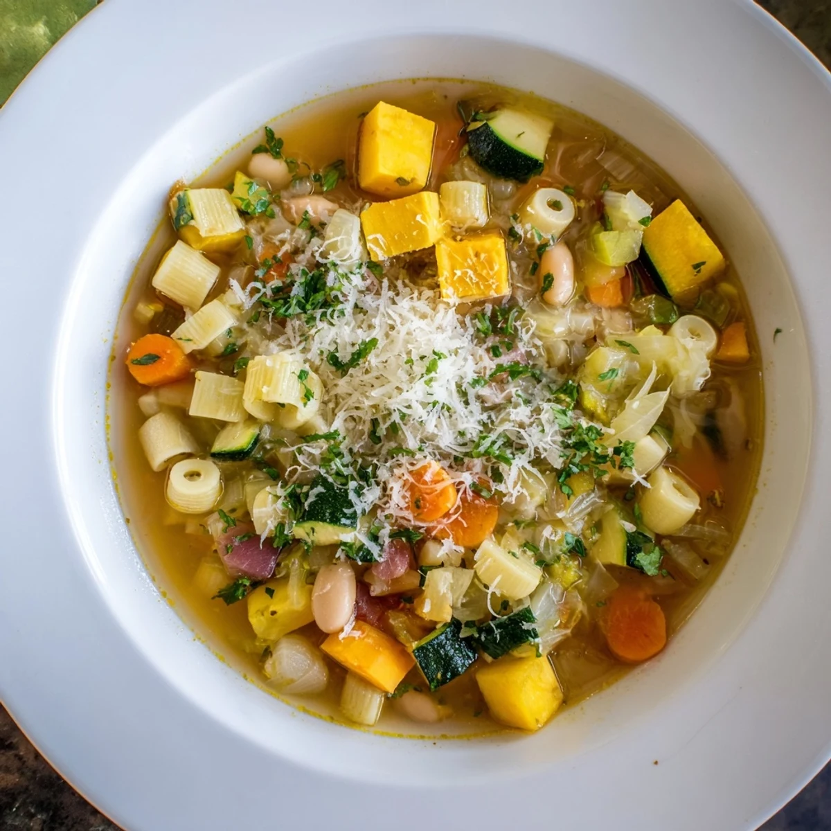 Steaming bowl of Winter Vegetable Minestrone: a hearty, vibrant soup with colorful vegetables and herbs.