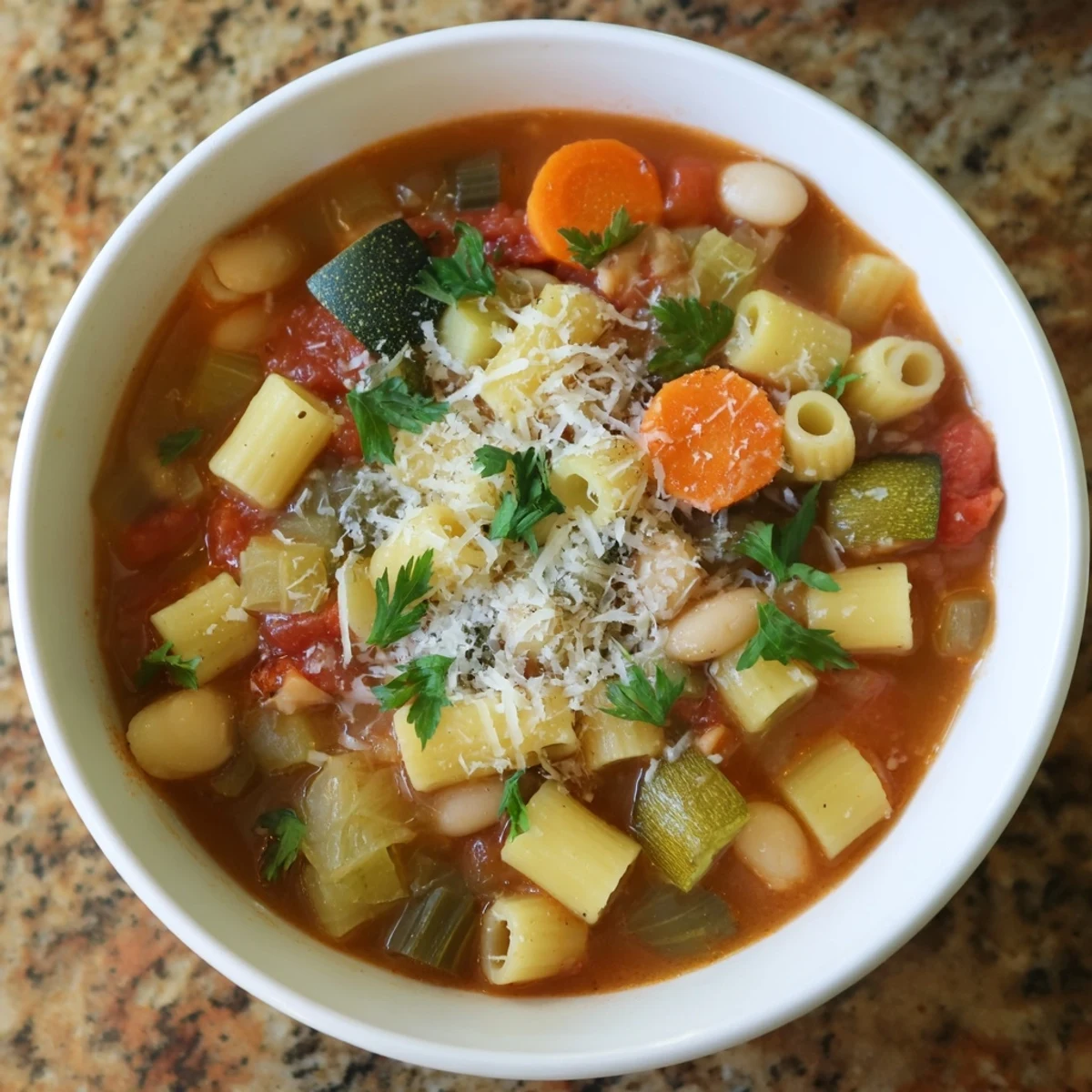 A close-up of a rustic bowl filled with aromatic Winter Vegetable Minestrone, perfect for a cold evening.