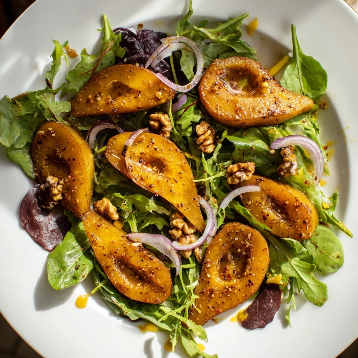 This refreshing Spiced Pear and Walnut Salad combines crisp greens with warm, spiced pear slices.