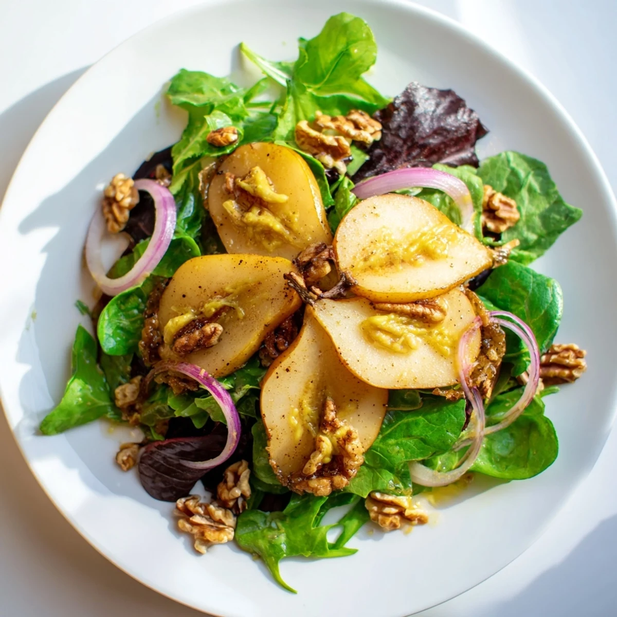 Fresh Spiced Pear and Walnut Salad ready to eat, featuring sweet pears and salty cheese crumbles.