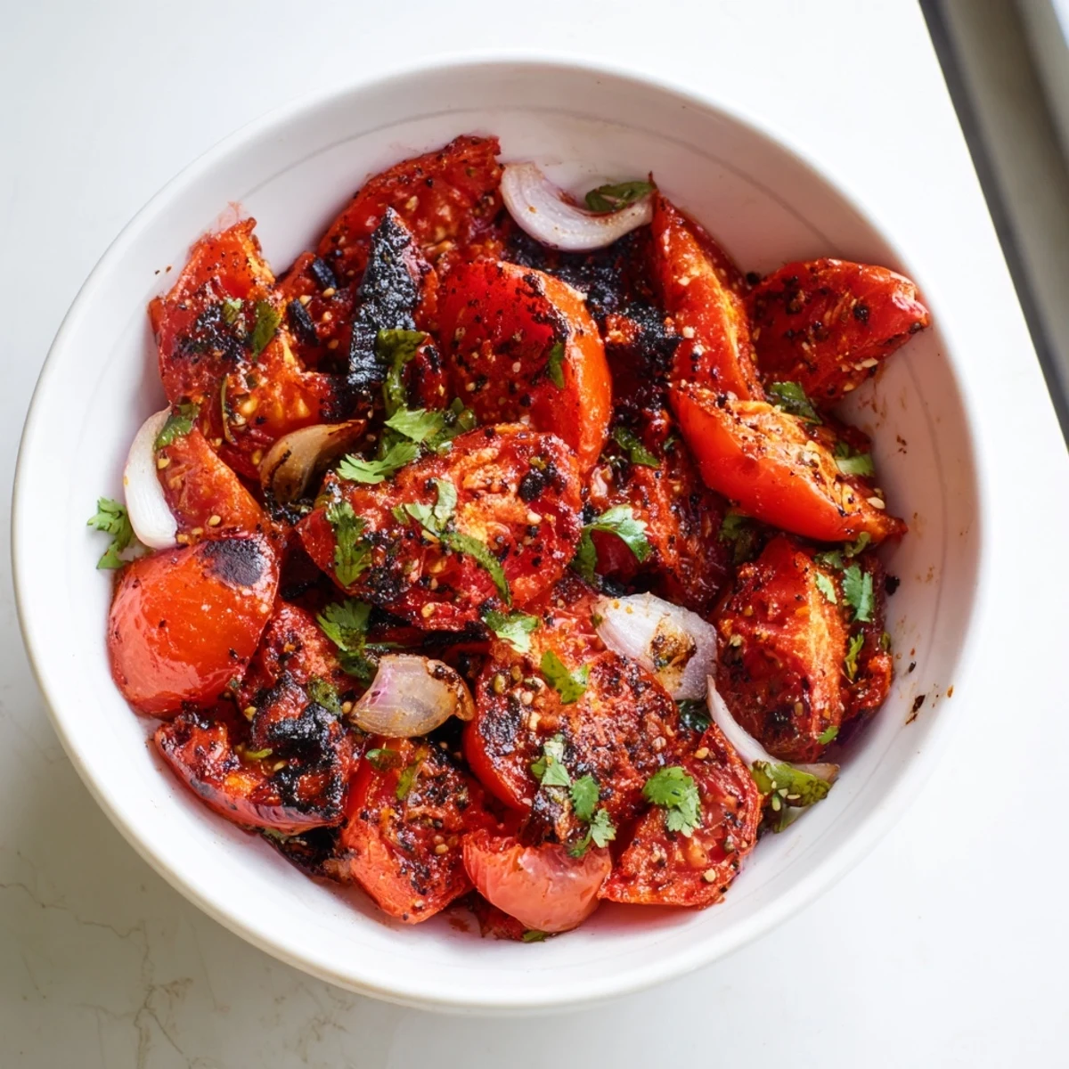 Smoky, homemade Roasted Tomato Salsa, served with crispy tortilla chips for dipping and enjoying.