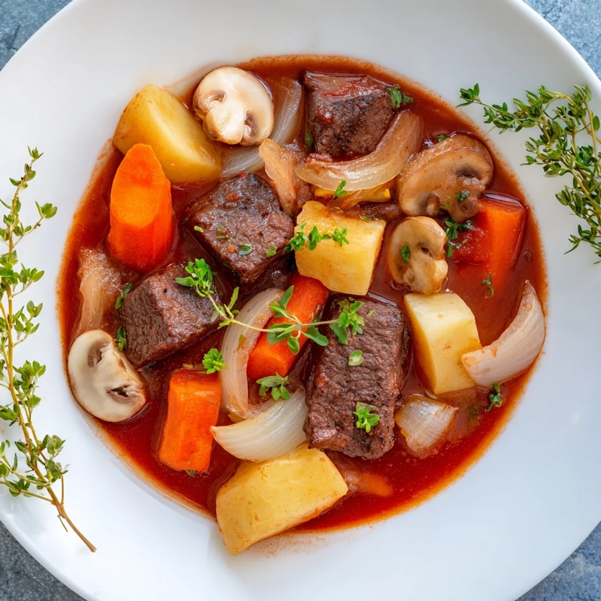 Rustic wooden bowl filled with delicious Winter Warmer Stew, ideal with crusty bread.