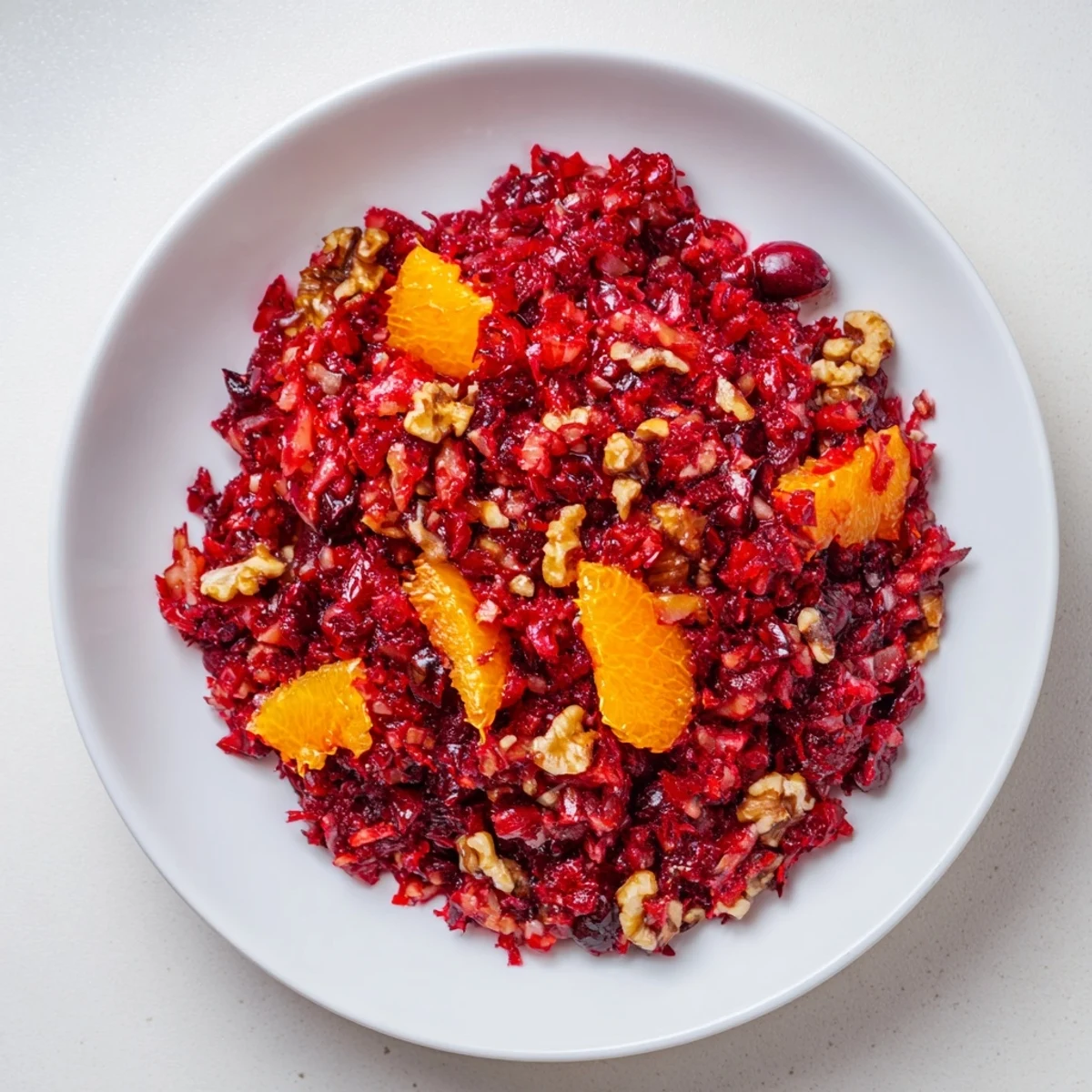 Close-up of freshly made Cranberry Orange Relish, boasting a vibrant blend of sweet and tart flavors.