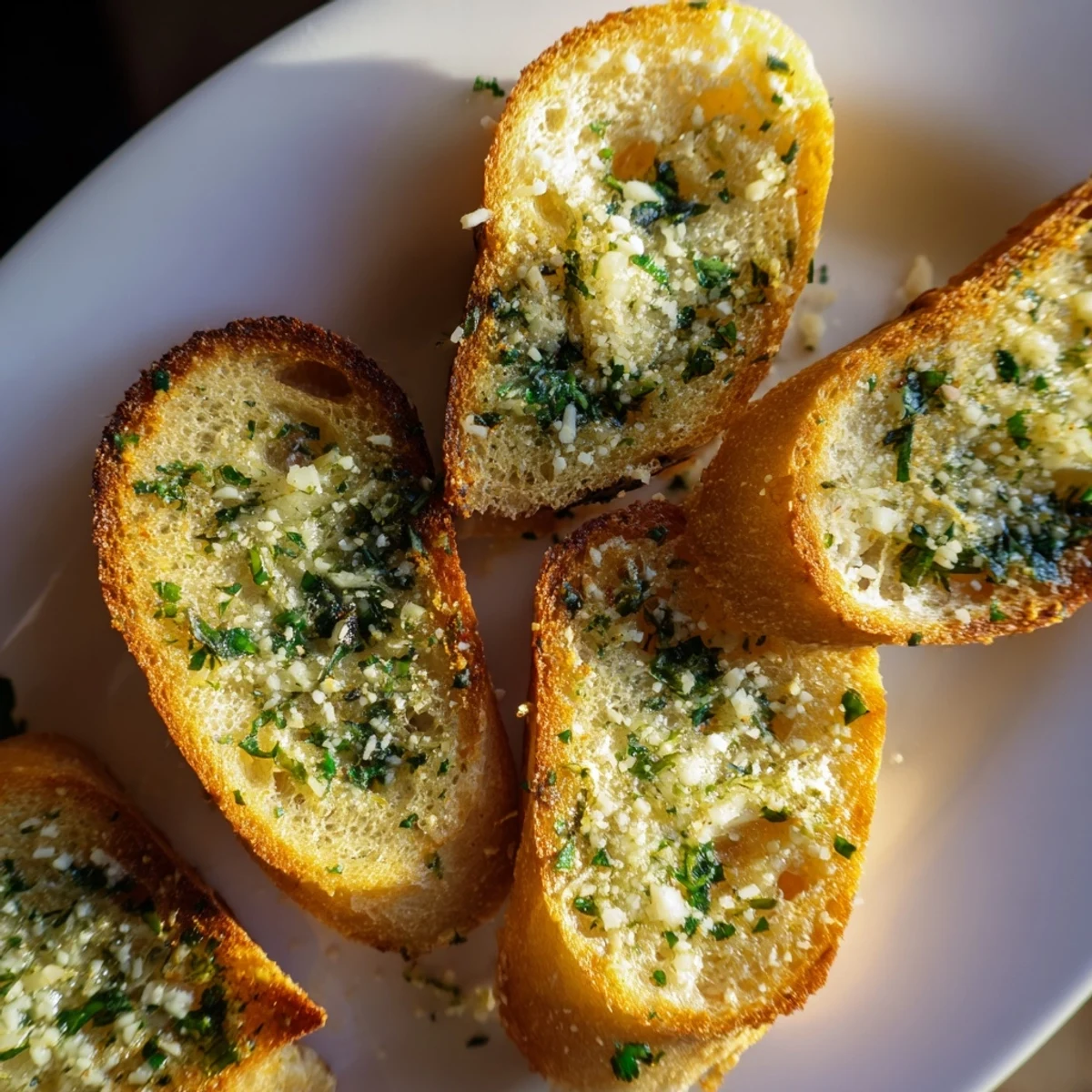 Golden garlic bread toast slices, boasting crispy edges and generously buttered, ready to serve warm.
