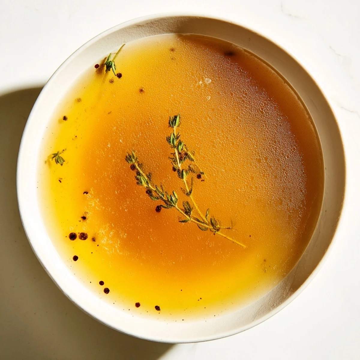 Golden-hued beef bone broth, slow-simmered for hours and ready to savor as a comforting drink.