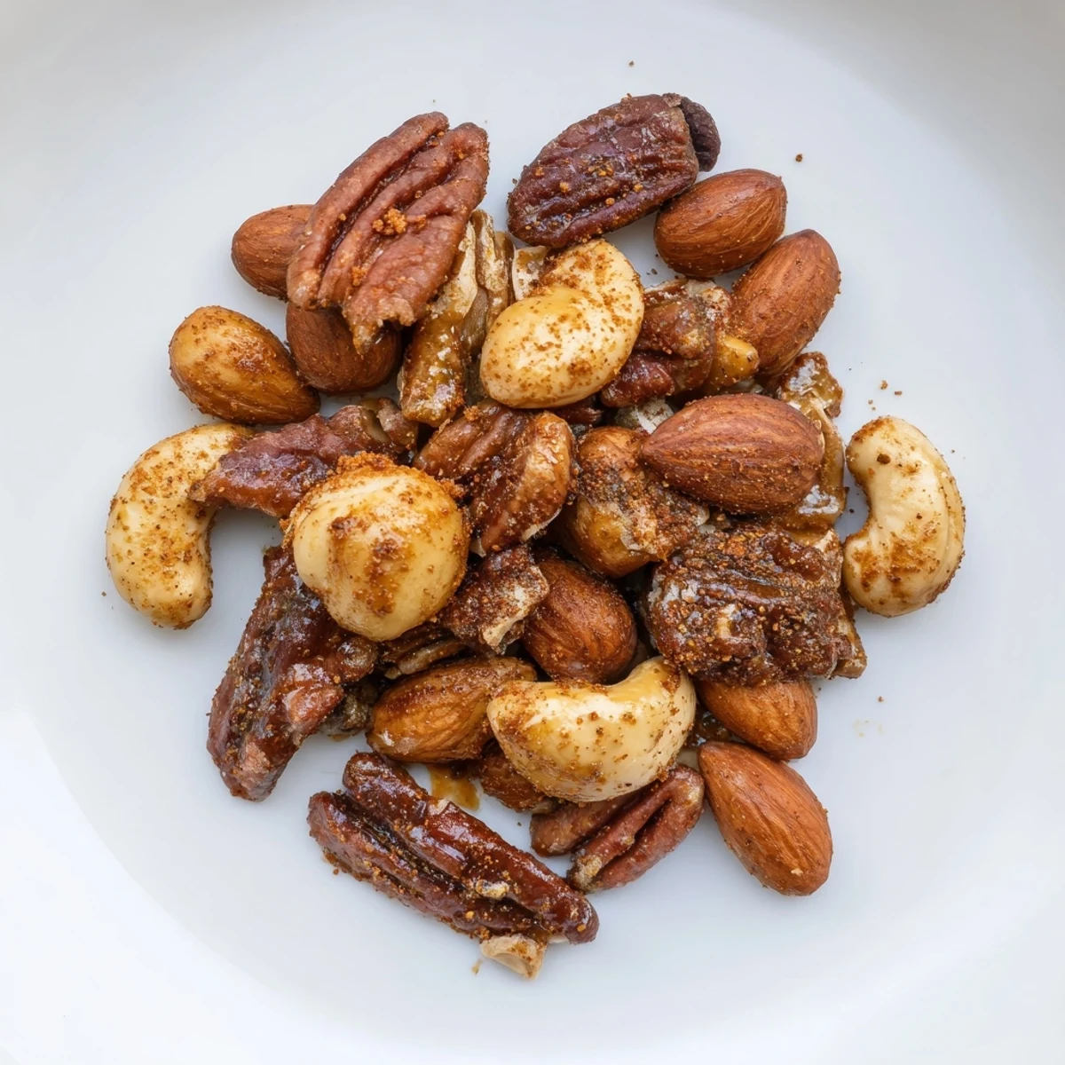 Close-up of freshly roasted spiced nut mix, offering a savory-sweet, irresistible aroma.