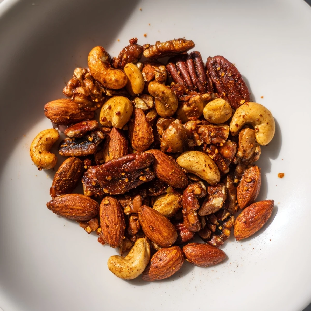 Golden-brown spiced nut mix, a flavorful snack with crunchy roasted almonds and pecans.