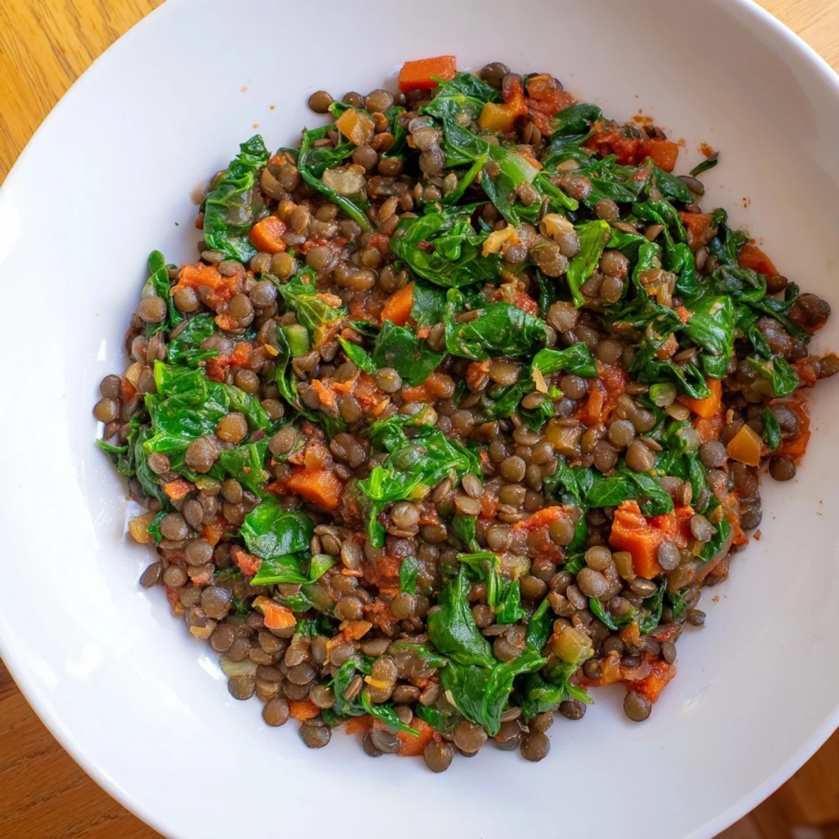 Steaming bowl of Lentil Spinach Stew; lentils and spinach simmered with savory spices.
