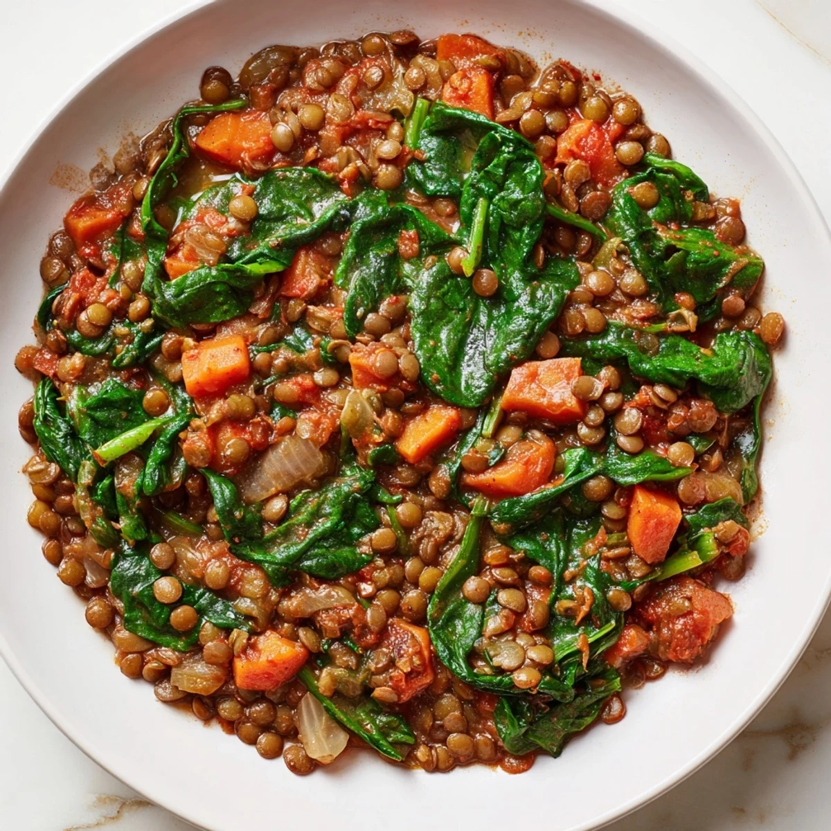Homemade Lentil Spinach Stew with fresh parsley garnish, ready to be enjoyed as a meal.