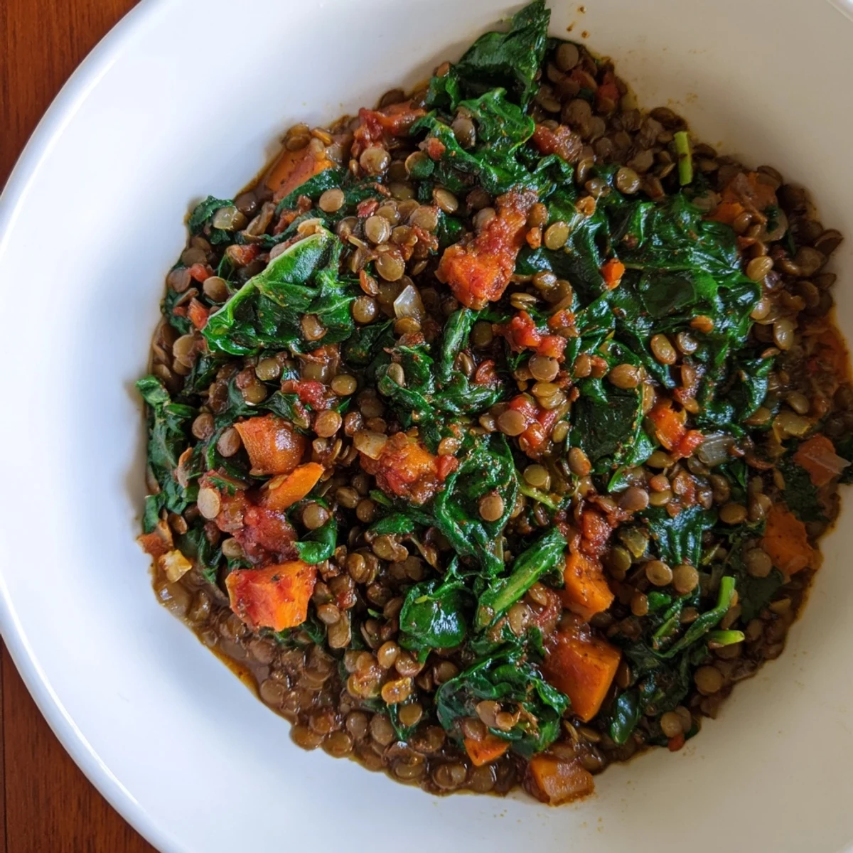 A close-up of hearty Lentil Spinach Stew served, showing vibrant greens and rich broth.