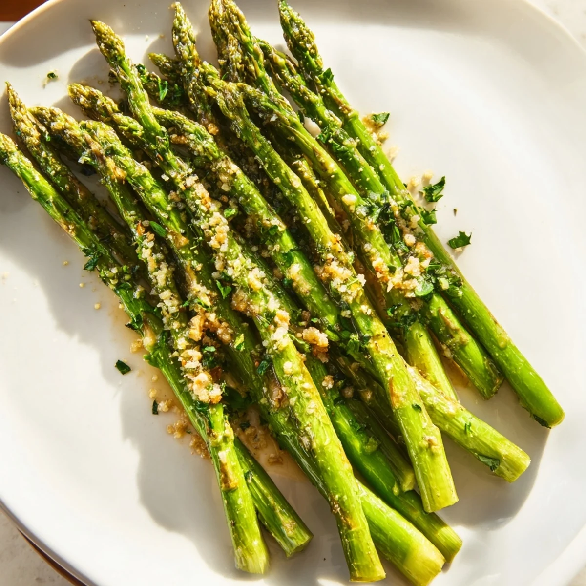 Vibrant green Roasted Asparagus in a single layer, drizzled with olive oil before baking.
