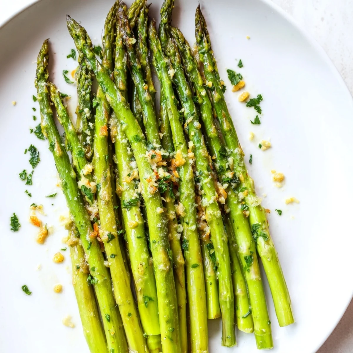 Close-up of a serving of Roasted Asparagus, garnished with Parmesan and fresh herbs.