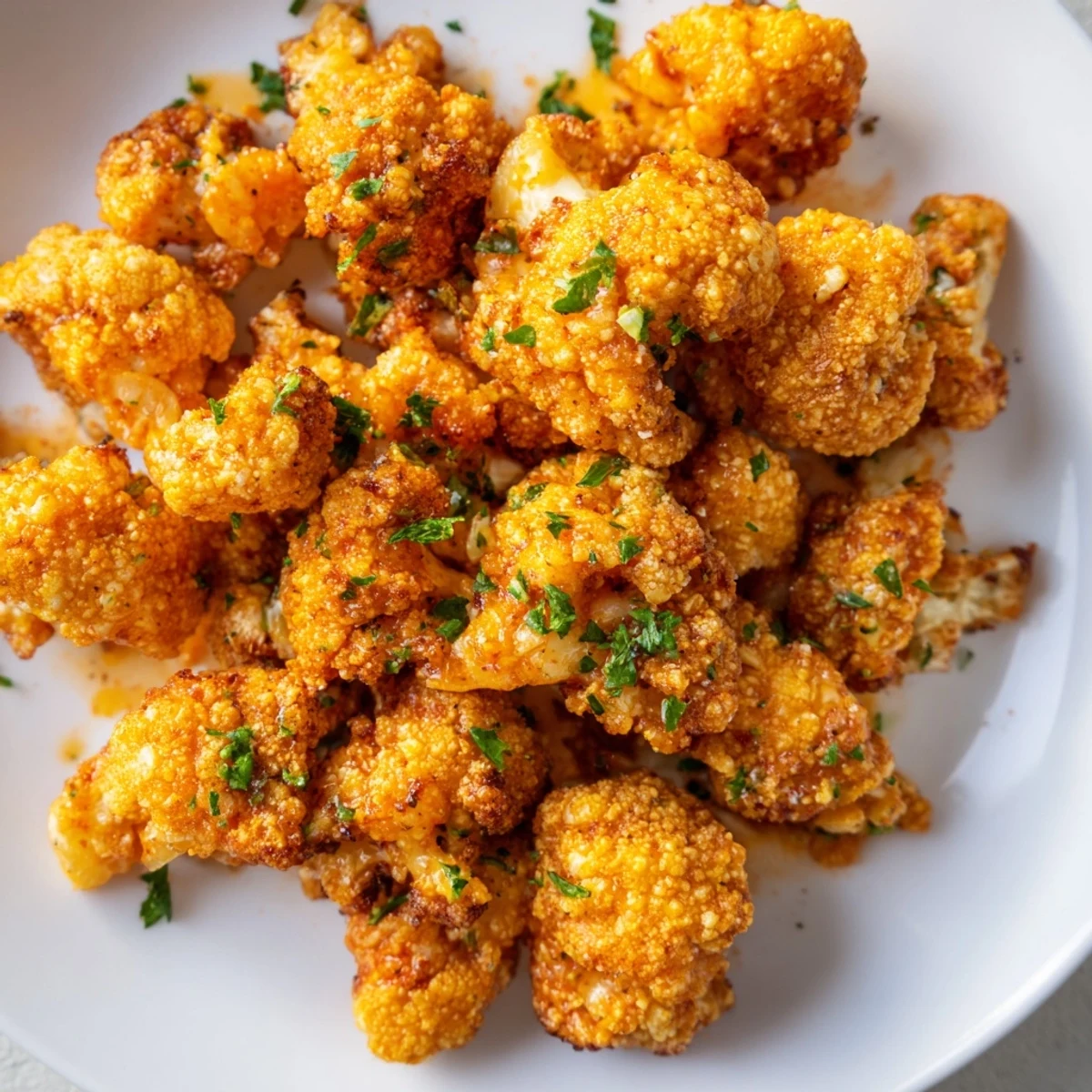 Golden-brown Buffalo Cauliflower florets, crispy from the oven, ready for dipping with ranch dressing.