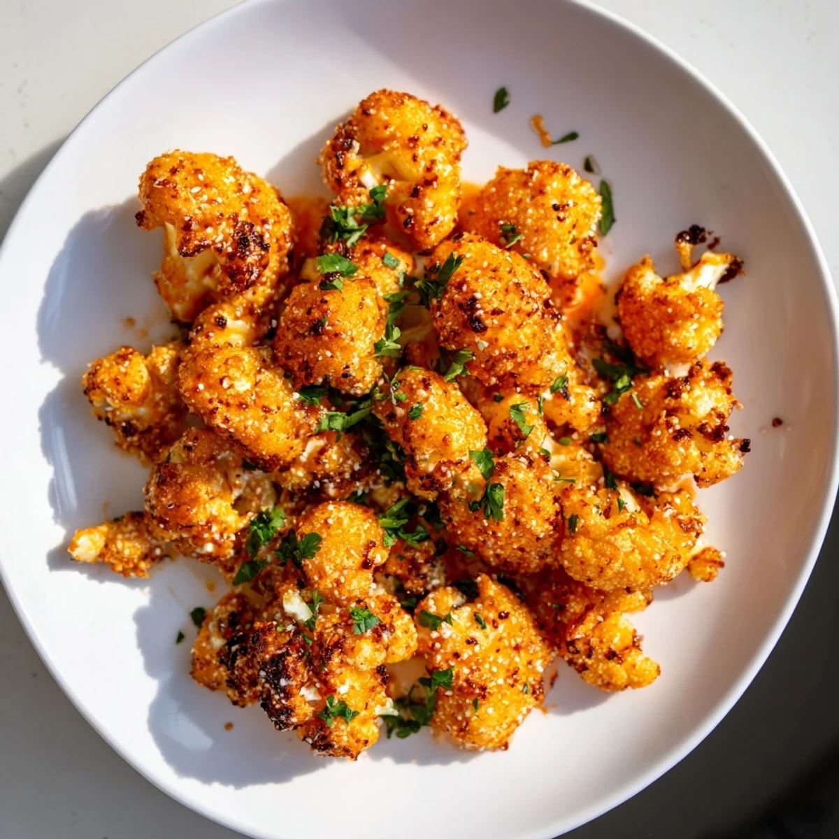 Spicy, vibrant Buffalo Cauliflower appetizer piled high; tender inside, coated in zesty sauce.