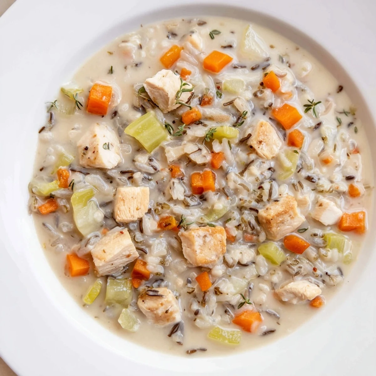 Creamy Chicken Wild Rice Soup, steaming in a bowl, perfect for a cozy, comforting meal.