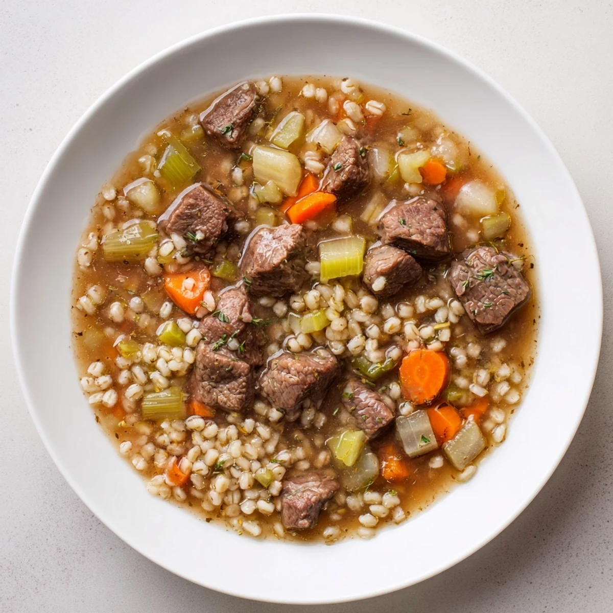 Steaming bowl of Beef Barley Soup, full of tender beef and vegetables, ready to serve.