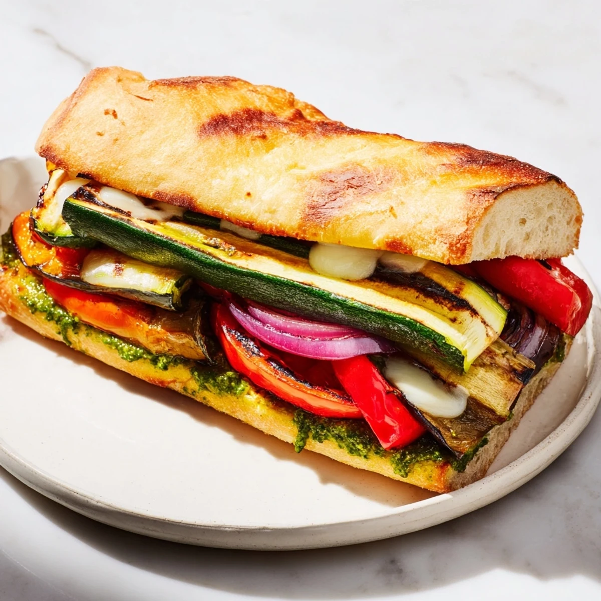 Golden-brown vegetable panini with melted cheese, showcasing grilled vegetables and flavorful pesto inside.