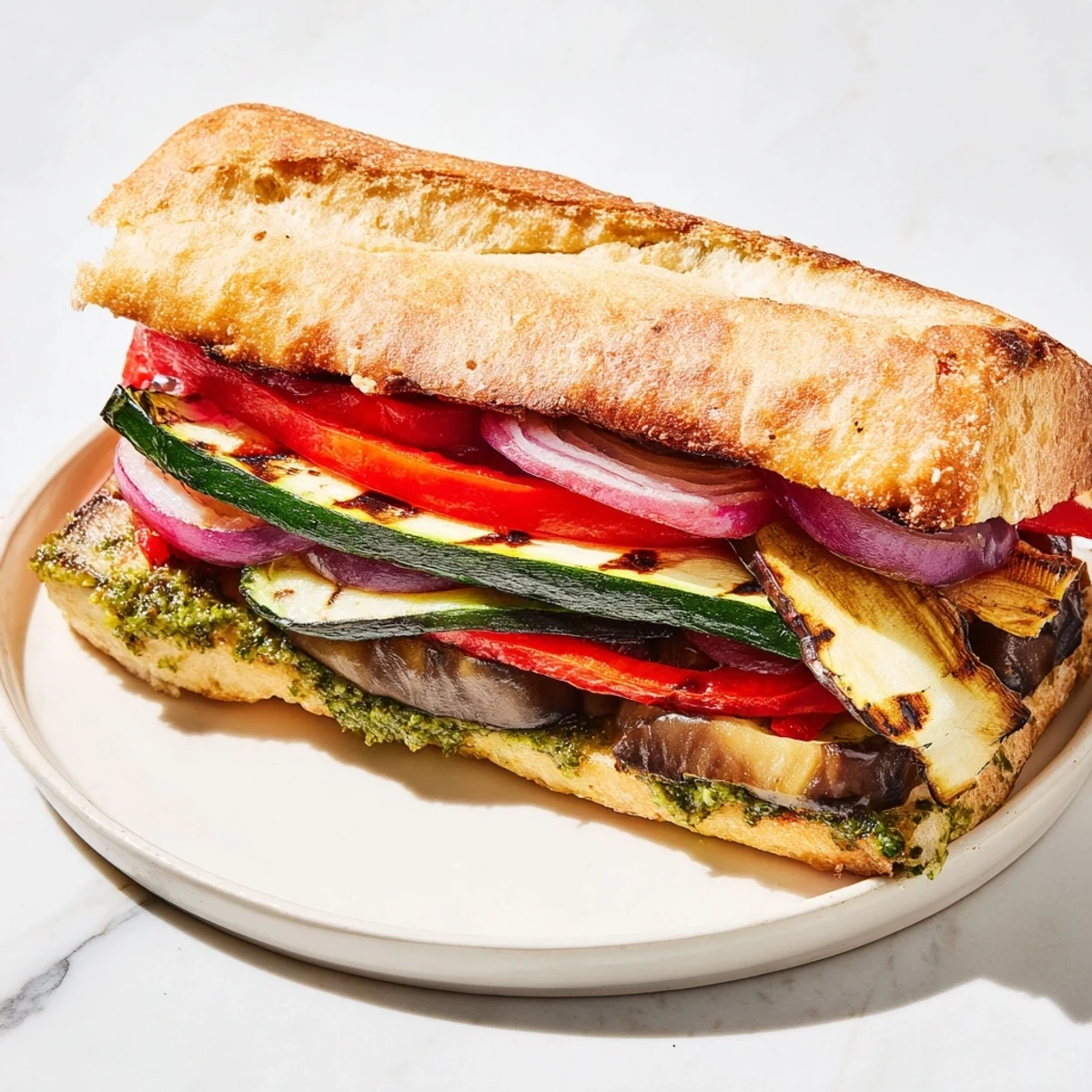 A close-up of a warm vegetable panini, revealing layered grilled vegetables and gooey, melted mozzarella.
