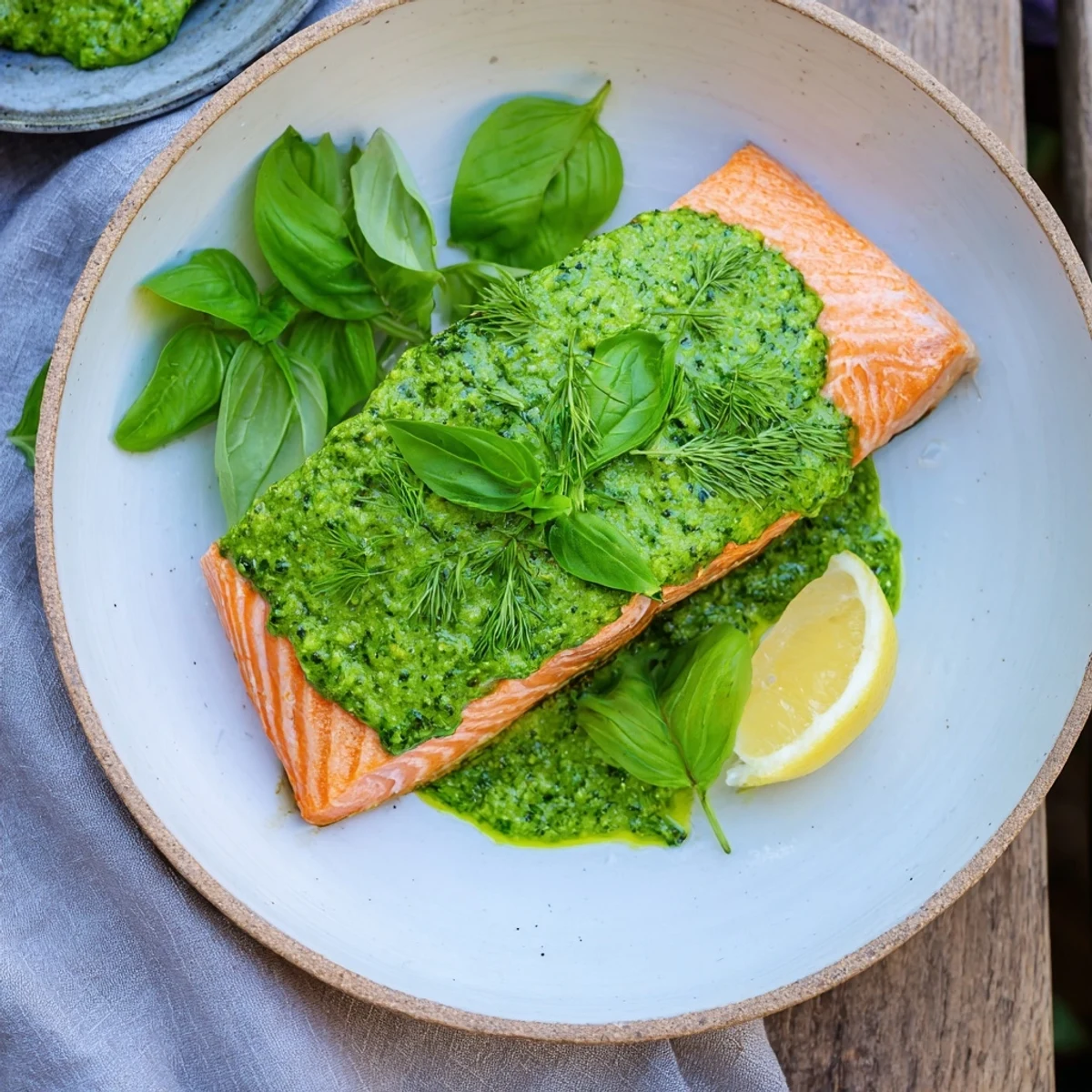 Flaky baked salmon with pesto, glistening, fragrant basil covering the cooked fish and ready to serve.