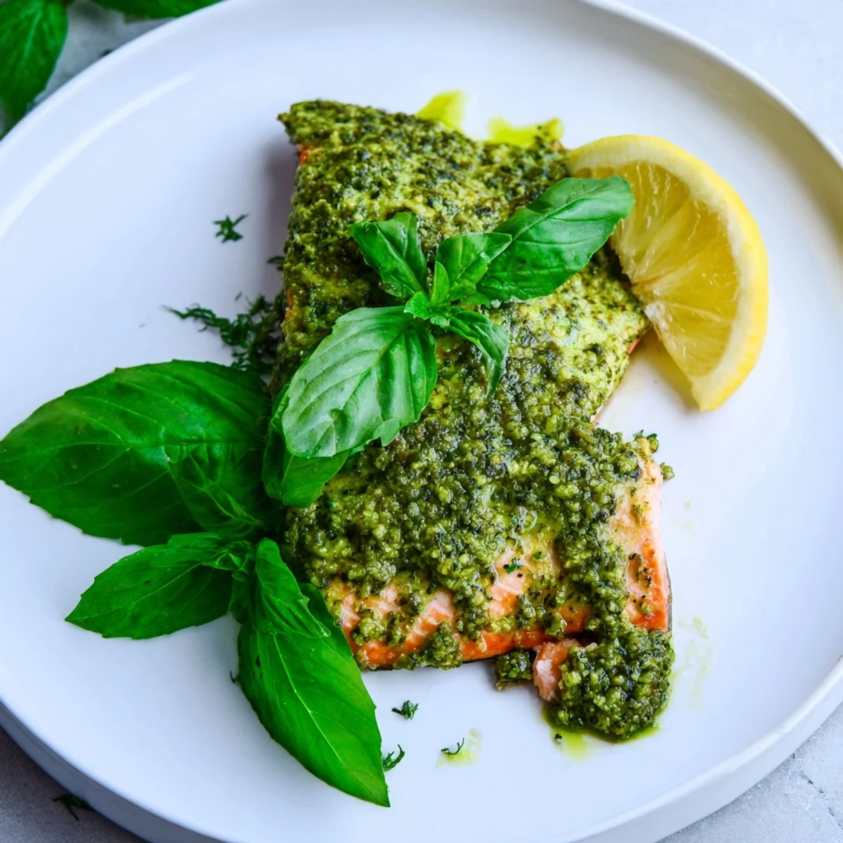 Mediterranean Baked Salmon with Pesto—a vibrant close-up of a perfectly cooked, healthy dinner main dish.