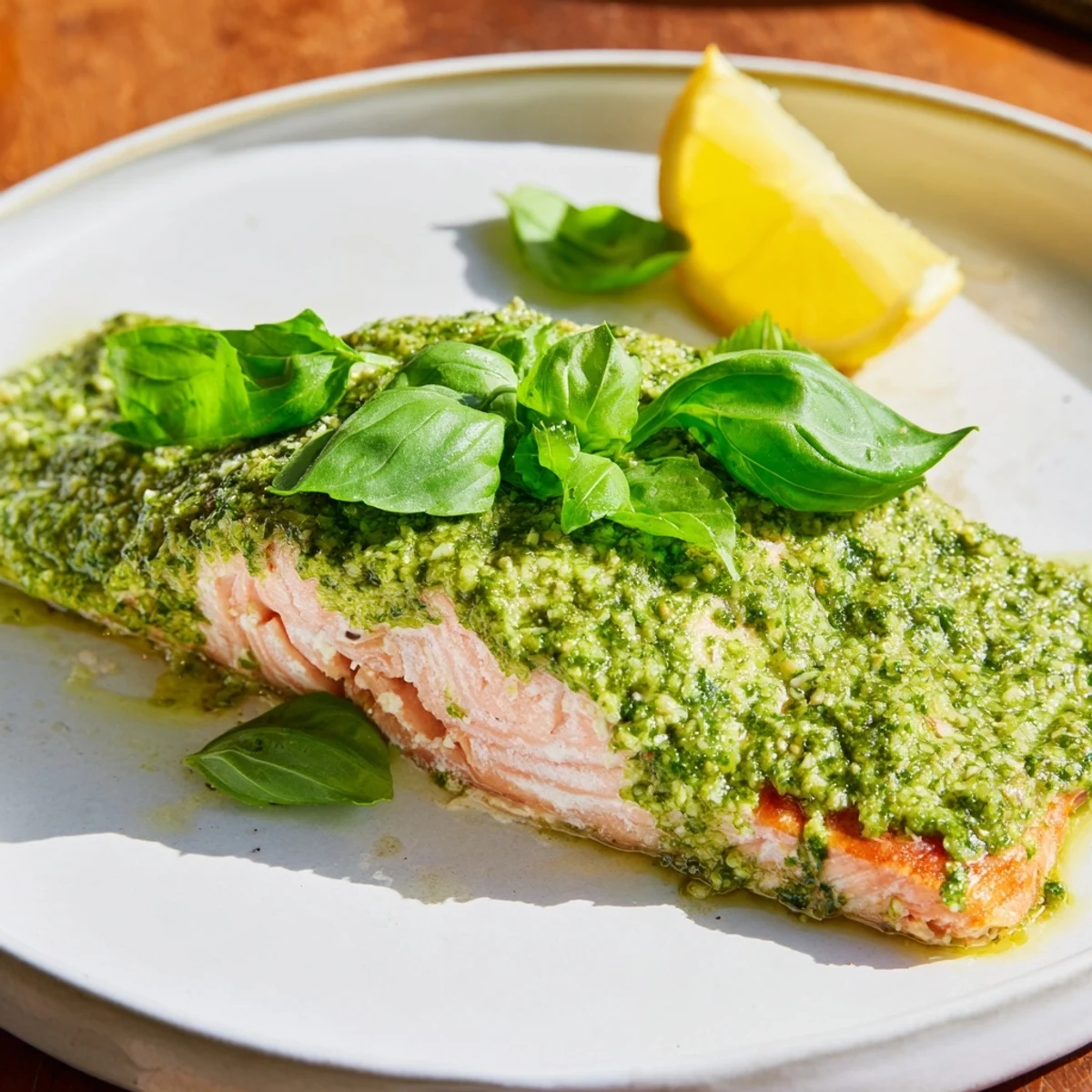 A delicious close-up of baked salmon with pesto, served alongside fresh lemon wedges and ready to eat.