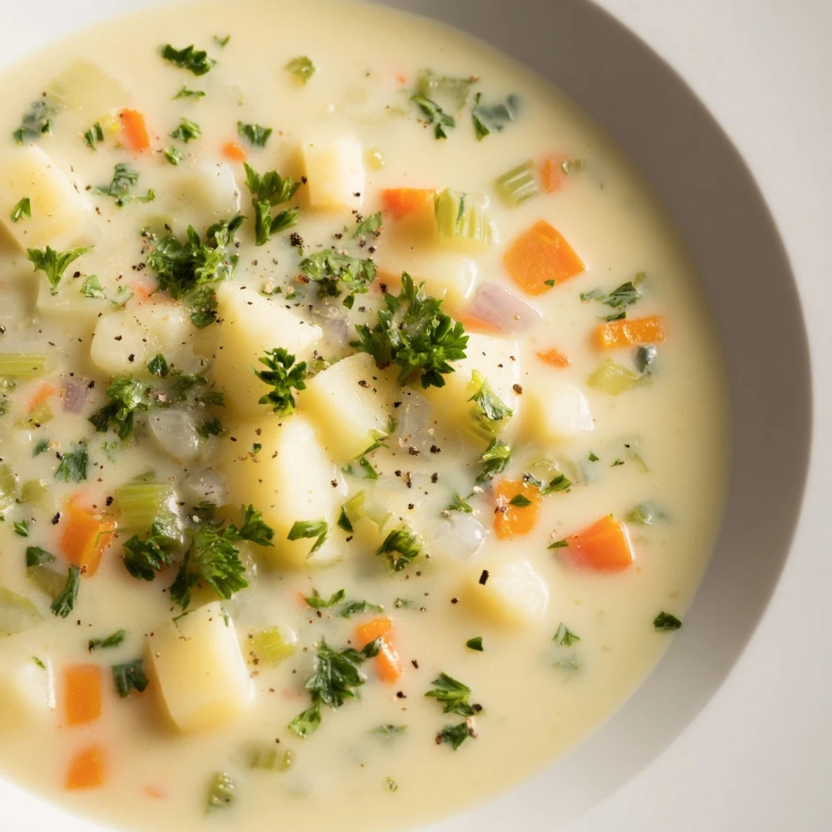 A steaming bowl of creamy potato soup, garnished with fresh parsley, ready to eat.