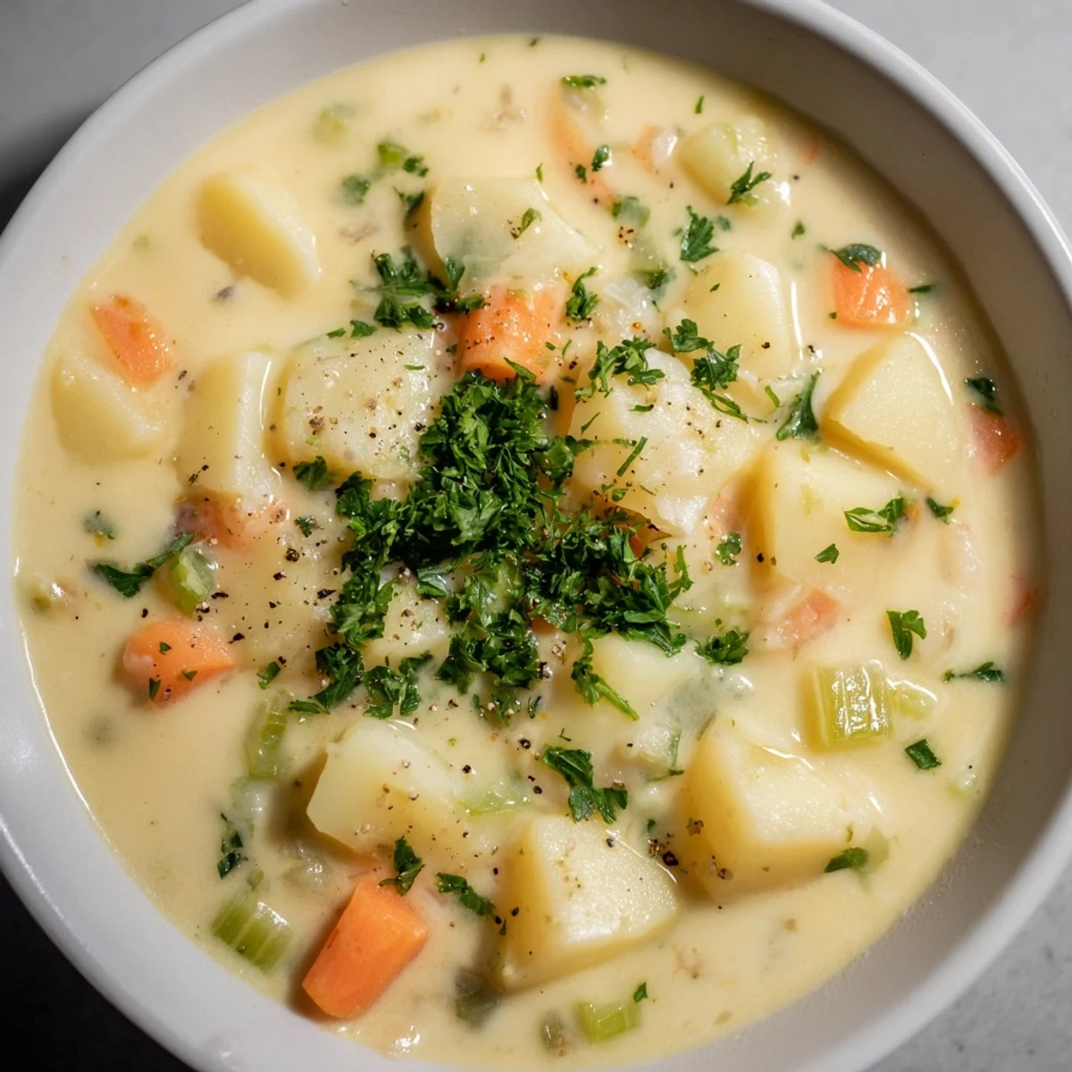 Golden-hued potato soup, with visible bits of veggies, offering a warming comfort meal.