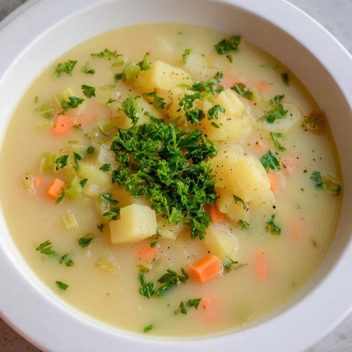Close-up photo of thick, homemade potato soup, promising a savory, satisfying taste.