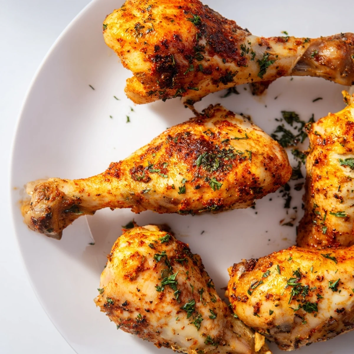 Crispy, tender chicken drumsticks, garnished with parsley alongside lemon wedges—a simple American classic.