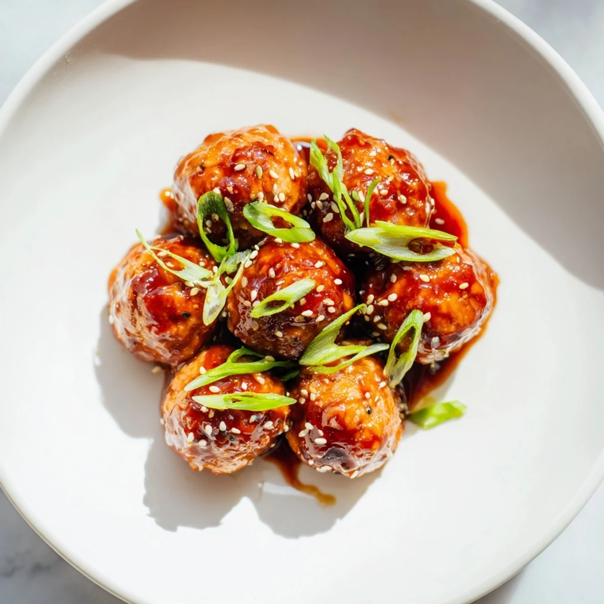 Golden-brown Sriracha meatballs glistening with a sweet and spicy glaze, ready to serve over rice.