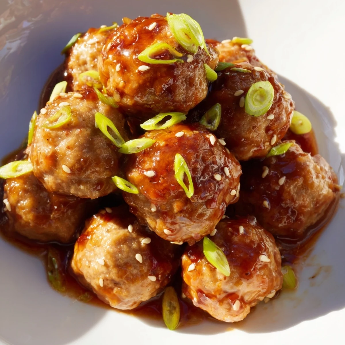 Spicy Sriracha meatballs with spring onion garnish, offering a flavorful bite and tender texture.